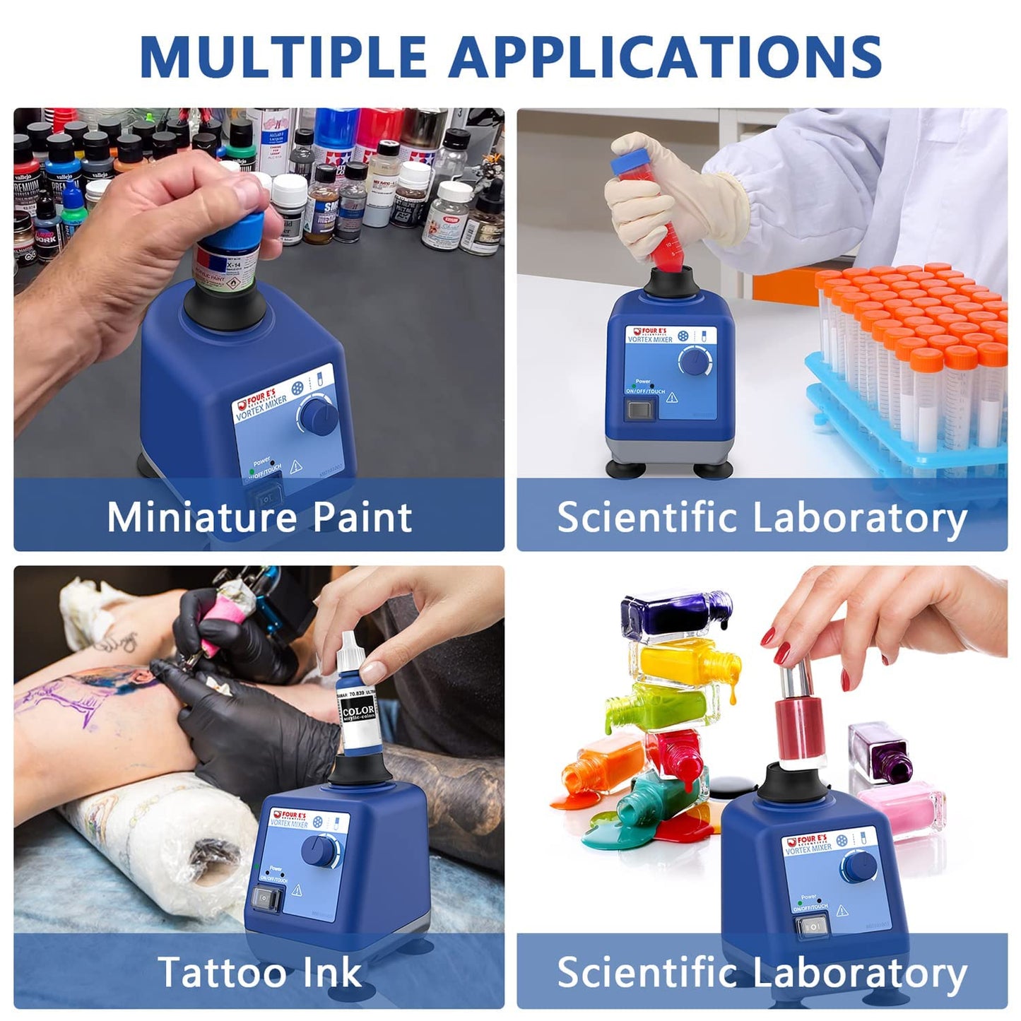FOUR E'S SCIENTIFIC Laboratory Vortex Mixer, Mini Vortex Shaker, 0-3000rpm, Touch & Continuous Function Paint Mixer, with 100pcs 7/32inch Paint Mixing Balls & 1 pcs Platform Pad, for Acrylic Paints