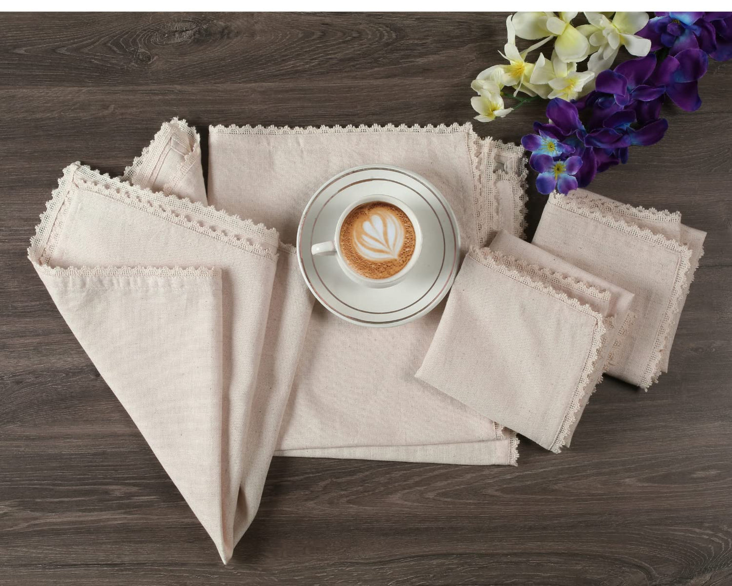 Set of 12 Linen Flax Cotton Cloth Dinner Napkin Washable 18x18 with Lace in Natural Mitered Corners- Ideal for Wedding, Spring, Easter Dinner, Parties and Table Decorations Ivory lace
