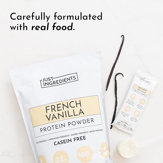 JUST INGREDIENTS French Vanilla Protein Powder ??30 Serving Bag ??Grass-Fed Whey & Plant Protein Blend with Real Vanilla Bean ??Sweetened with Coconut Sugar & Monk Fruit, Non-GMO, Gluten-Free
