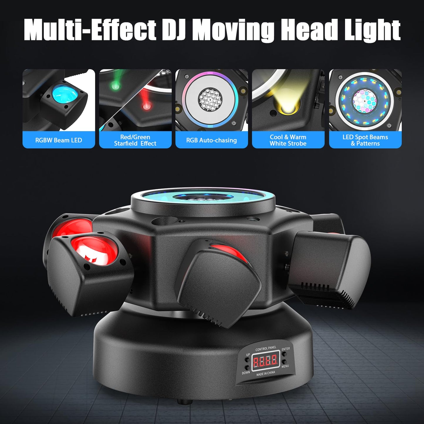 Moving Head DJ Lights 120W 6 Arms 4 in 1 Stage Lights with RGBW Beam,Red Green Starry,Pattern Projection Strobe Effects,Sound Activated DMX512 & Remote for Party Disco Club Wedding Bar