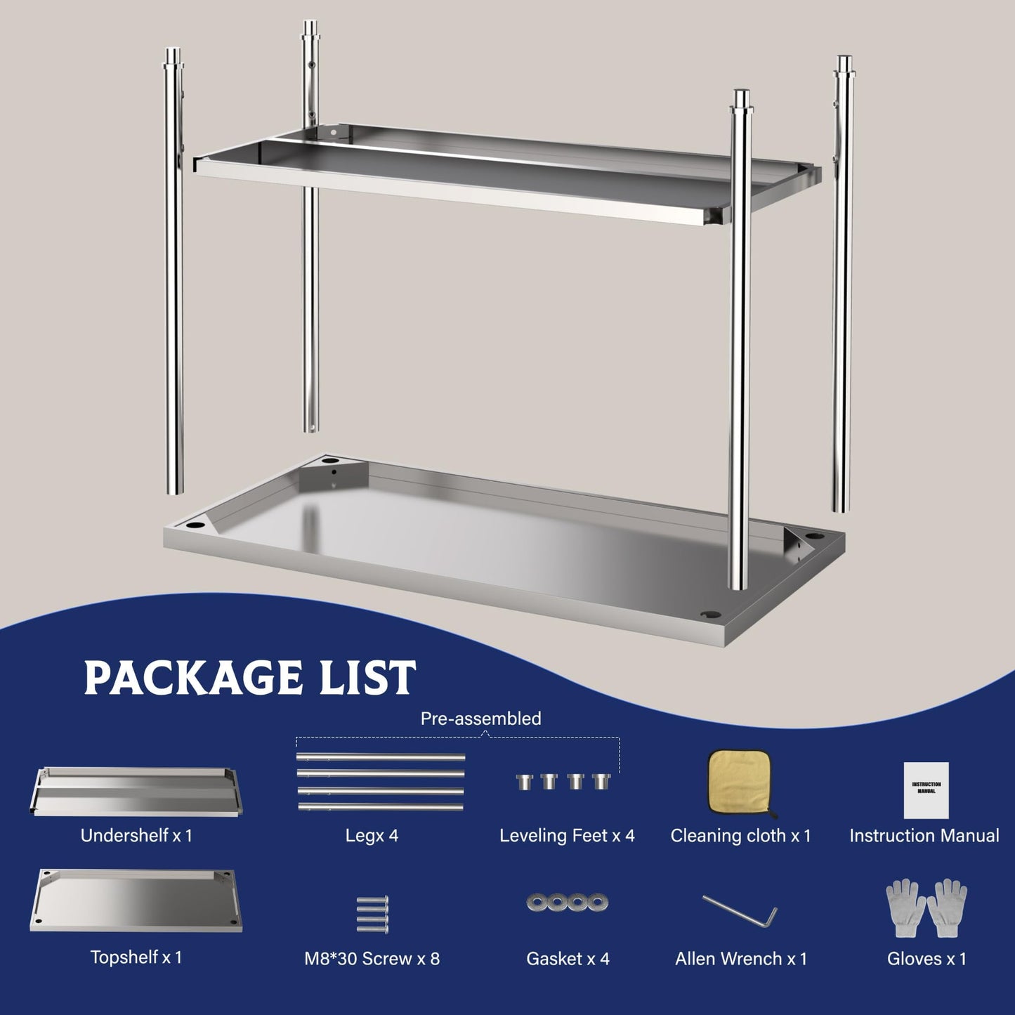Garvee Stainless Steel Table, 60" x 24" NSF 2 Tier Prep Table with Adjustable Foot & Under Shelf, Heavy Duty Commercial Worktable for Restaurant, Home, Kitchen, Indoor, Outdoor