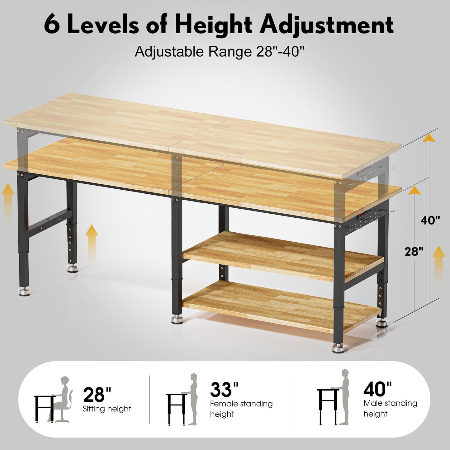 96” Adjustable Work Bench, 2-Layer Heavy Duty Workbench, 6000 LBS Capacity Workbench with Pegboard & Power Outlet, Rubber Wood Work Table for Garage, Office, Workshop, Home