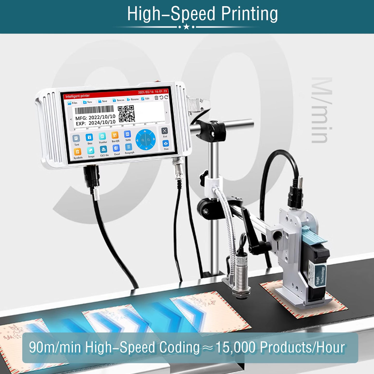 Phezer 1inch/25.4mm Automatic Online Inkjet Coding Machine for Production Line, 23 Languages, Intelligent Variable Data/Date/Logo/Barcode/Image Thermal Inkjet Printer, (1 Nozzle, 70M/min, PW1-1)