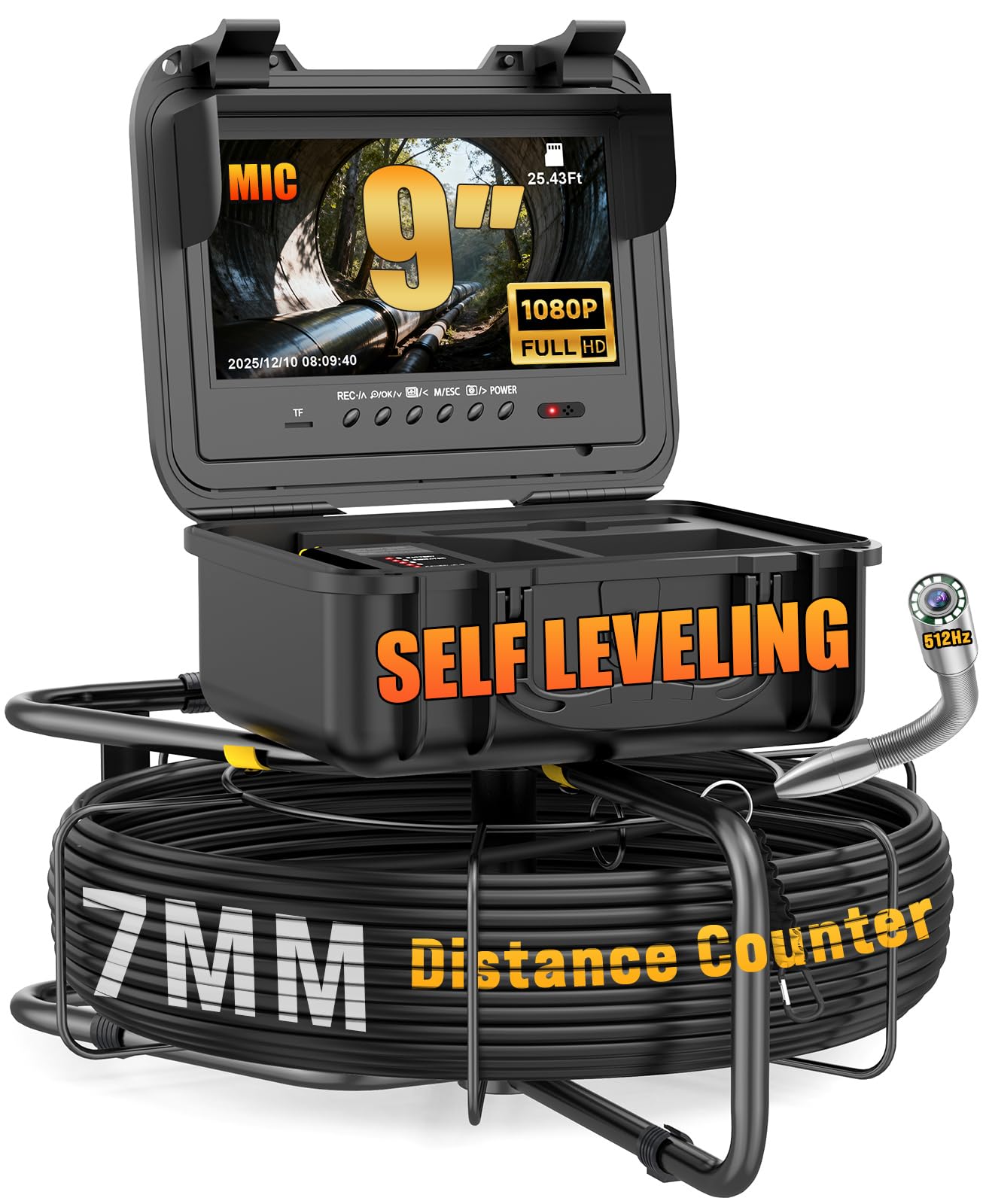 Self-Leveling Sewer Camera with 512Hz Sonde, Distance Counter, 7mm Semi-Rigid Cable, 9 Inch 1080P IPS Screen, 23mm Waterproof Pipe Inspection Camera for Plumber (100ft/30m)