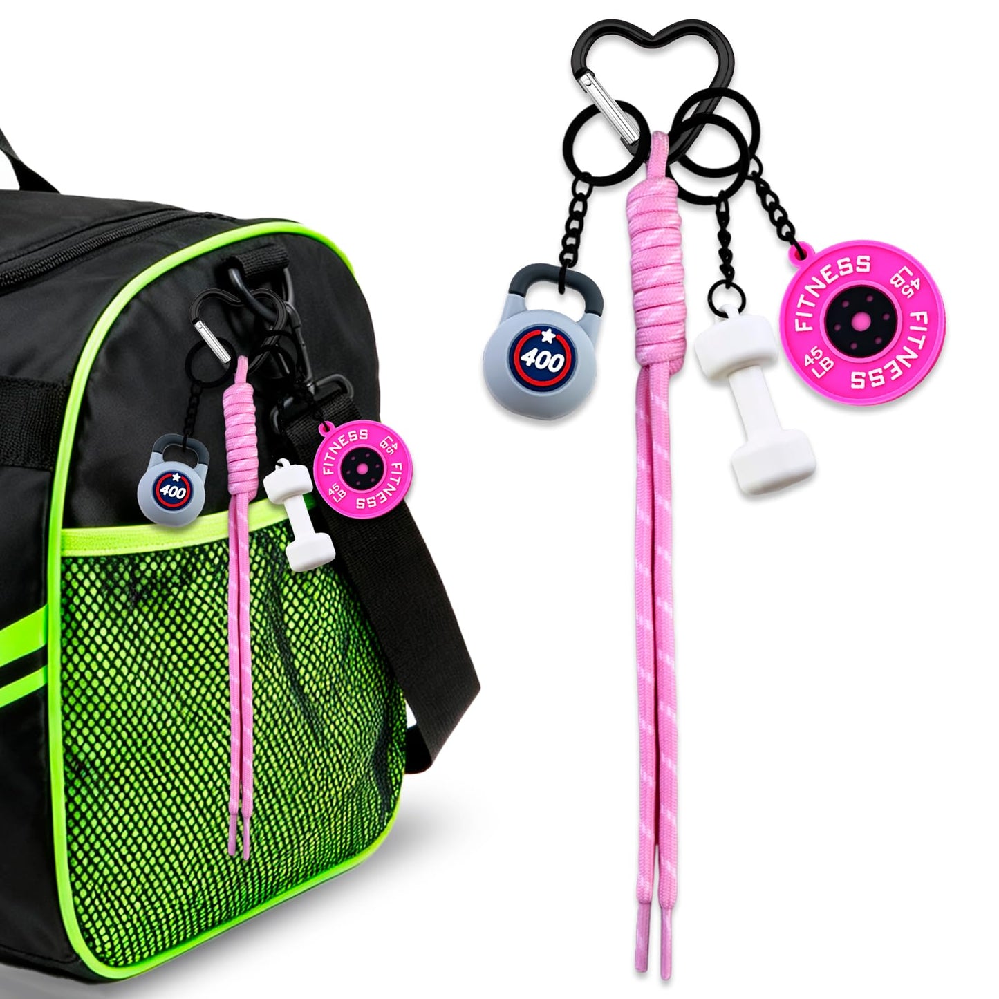 VIESUJI Gym Gifts for Women Pink Bag Charm Gym Bag Accessories Barbell Fitness Dumbbell Keychain backpack Charms Fitness Enthusiast gifts