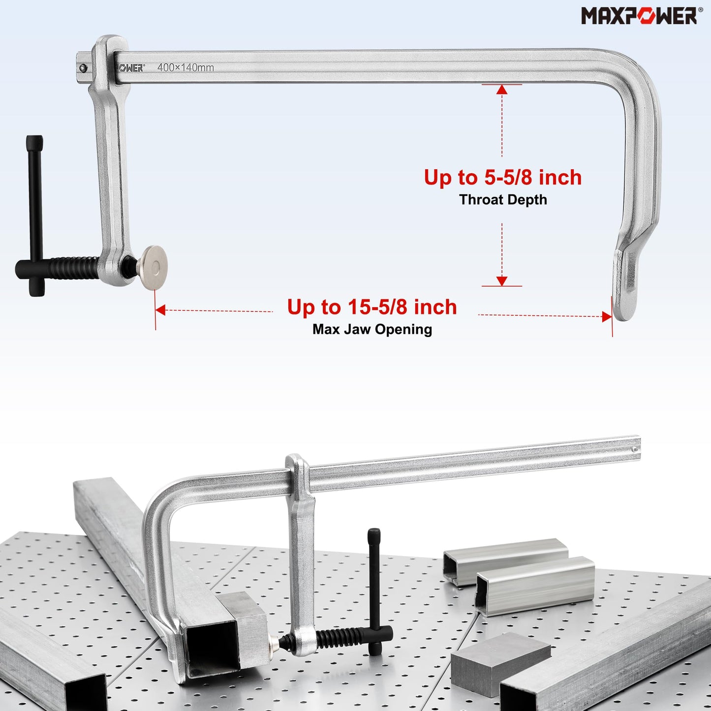 MAXPOWER Deep Throat F Clamp 15-5/8" x 5-5/8" (400 x 140 mm), Heavy Duty Bar Clamp for Welding, Pack of 4