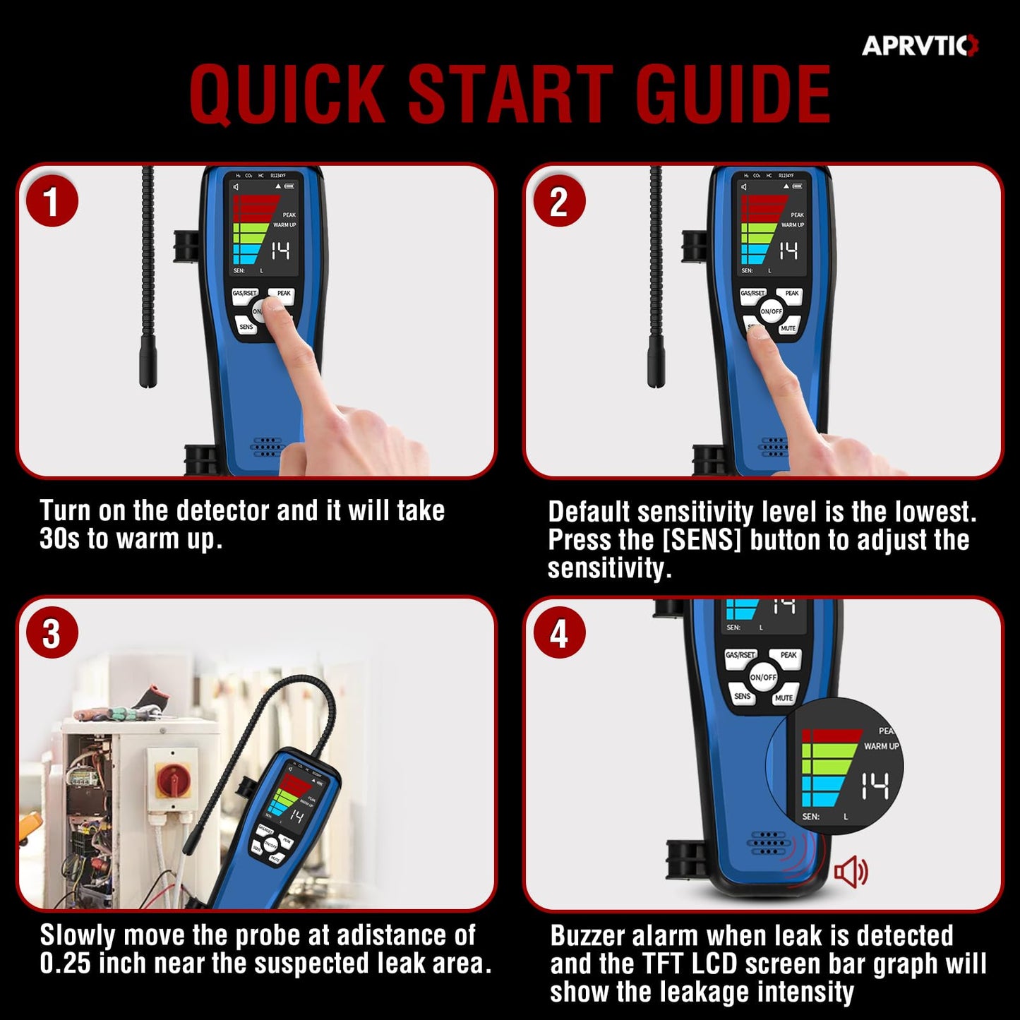 Refrigerant Leak Detector, Aprvtio ALD-200 3-in-1 Freon Leak Detector Tester A3 A2L A1 Refrigerants Compatible, Rechargeable, Multipule Alarm, Heated Diode Sensor for HVAC R32 R454B R410A R134A R290