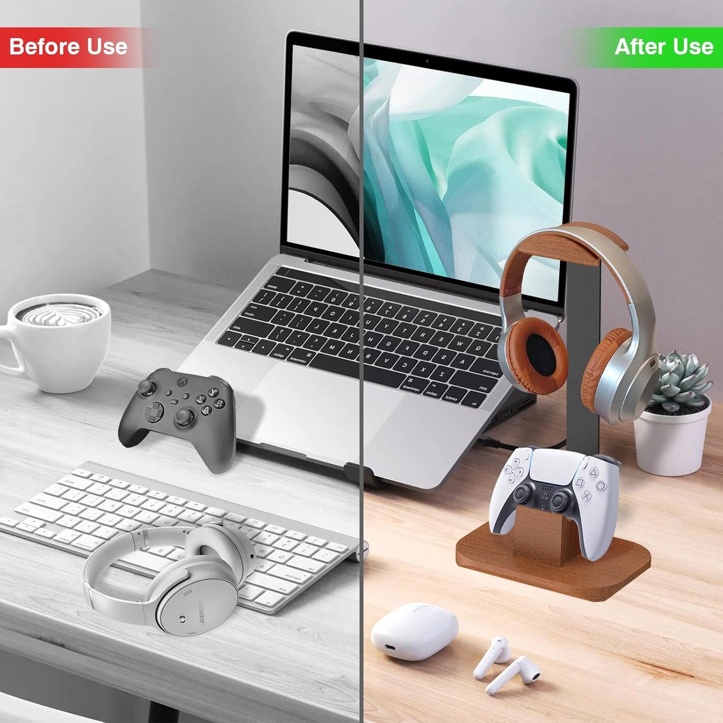 Moginno Headset Walnut Headphone and Controller Stand, Desk Gaming Equipment Wooden Controller Holder, Earphone Hook