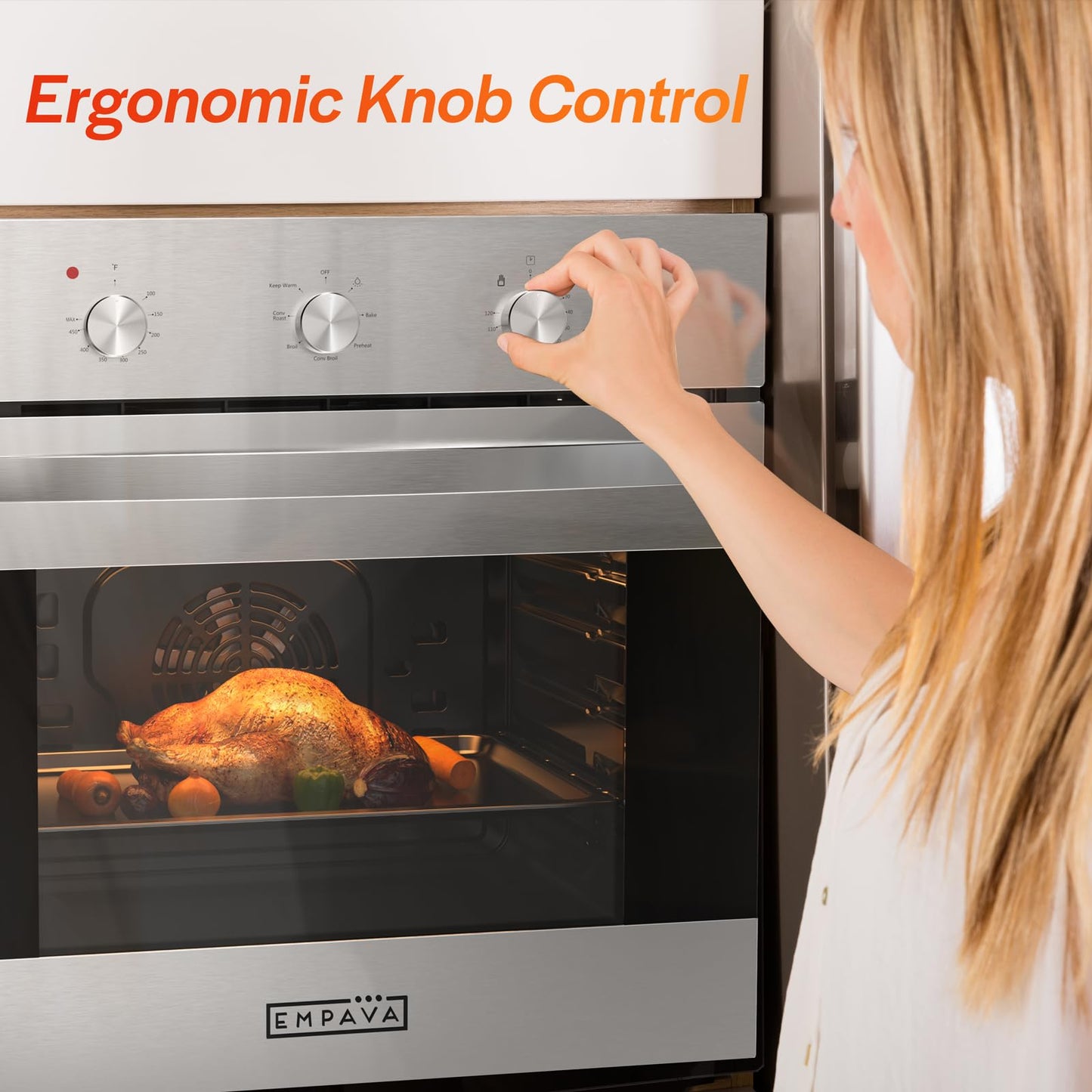 Empava Built-In Electric Single Wall Oven 24 inch with Convection and Rotisserie 6 Cooking Modes, Knob Control, Stainless Steel
