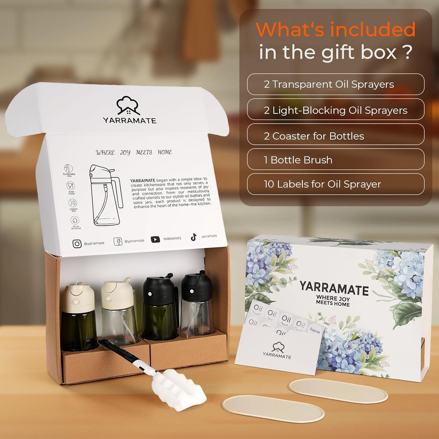 YARRAMATE Glass Olive Oil Sprayer Set - 4Pcs 16oz with Stickers, Non-Slip Mats & Cleaning Brush | Perfect Kitchen Gift