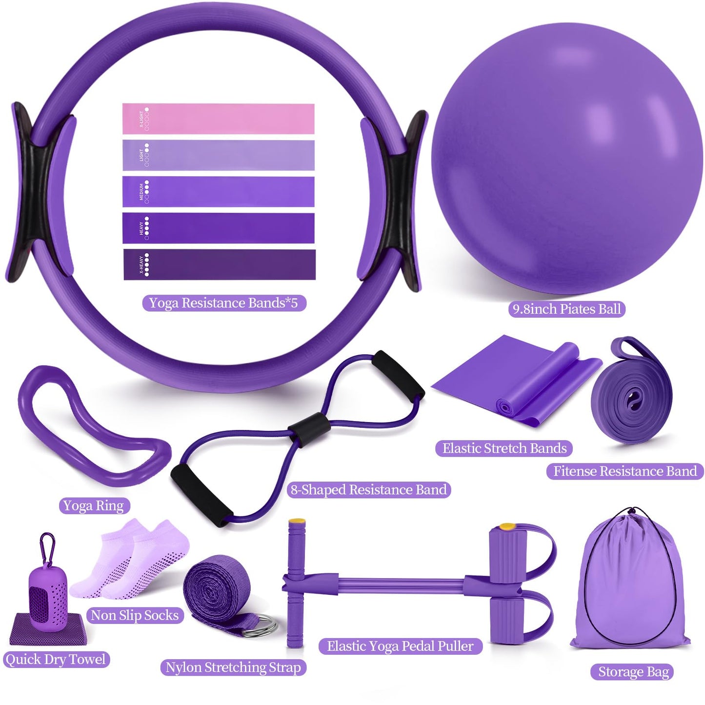 Pilates Essentials Kit for Women 15 Pcs Pilates Equipment for Home Workouts with Yoga Circle Ball Ring, 5 Resistance Bands,Pedal Puller Resistance Band,Anti Slip Socks for Starter Set,Purple