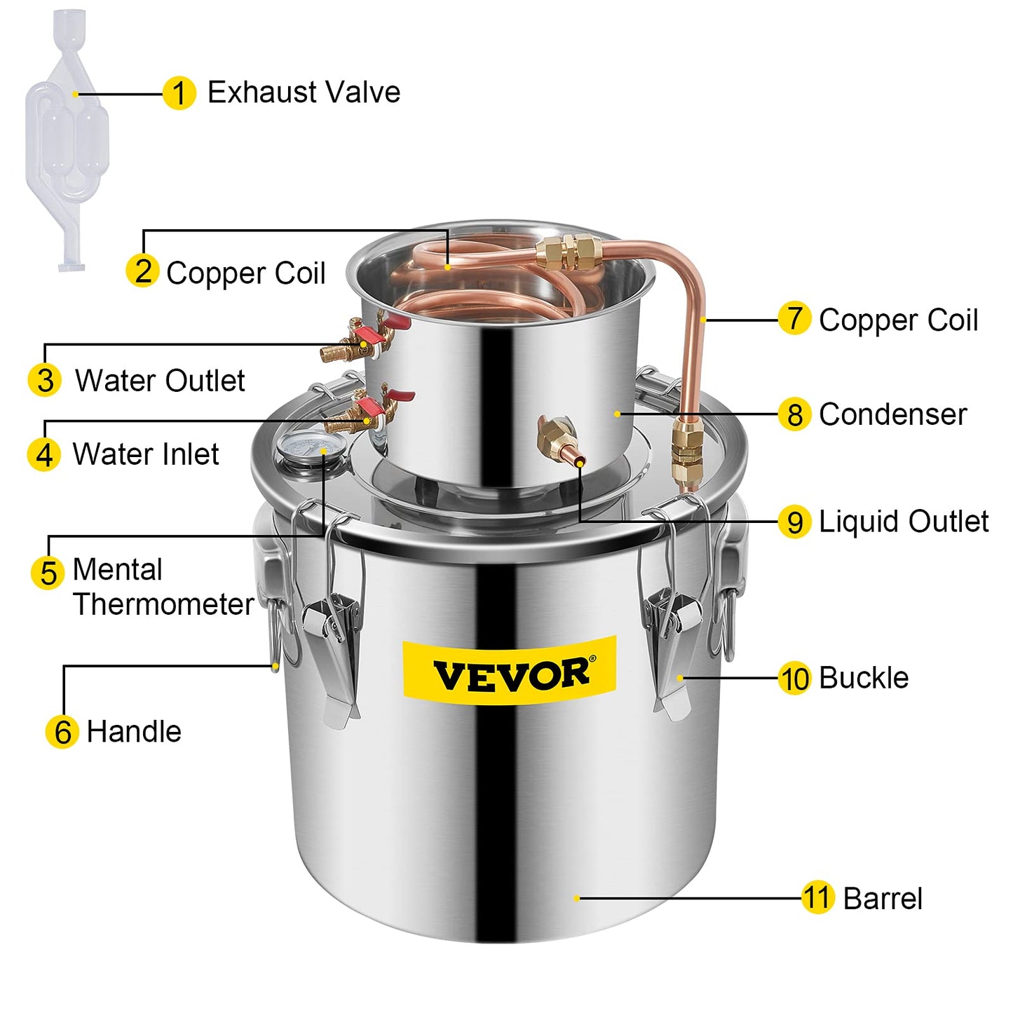 VEVOR Alcohol Still 5Gal/20L Alcohol Distiller Stainless Steel Distillery Kit for Alcohol with Copper Tube Home Brewing Kit Build-in Thermometer for DIY Whisky Wine Brandy