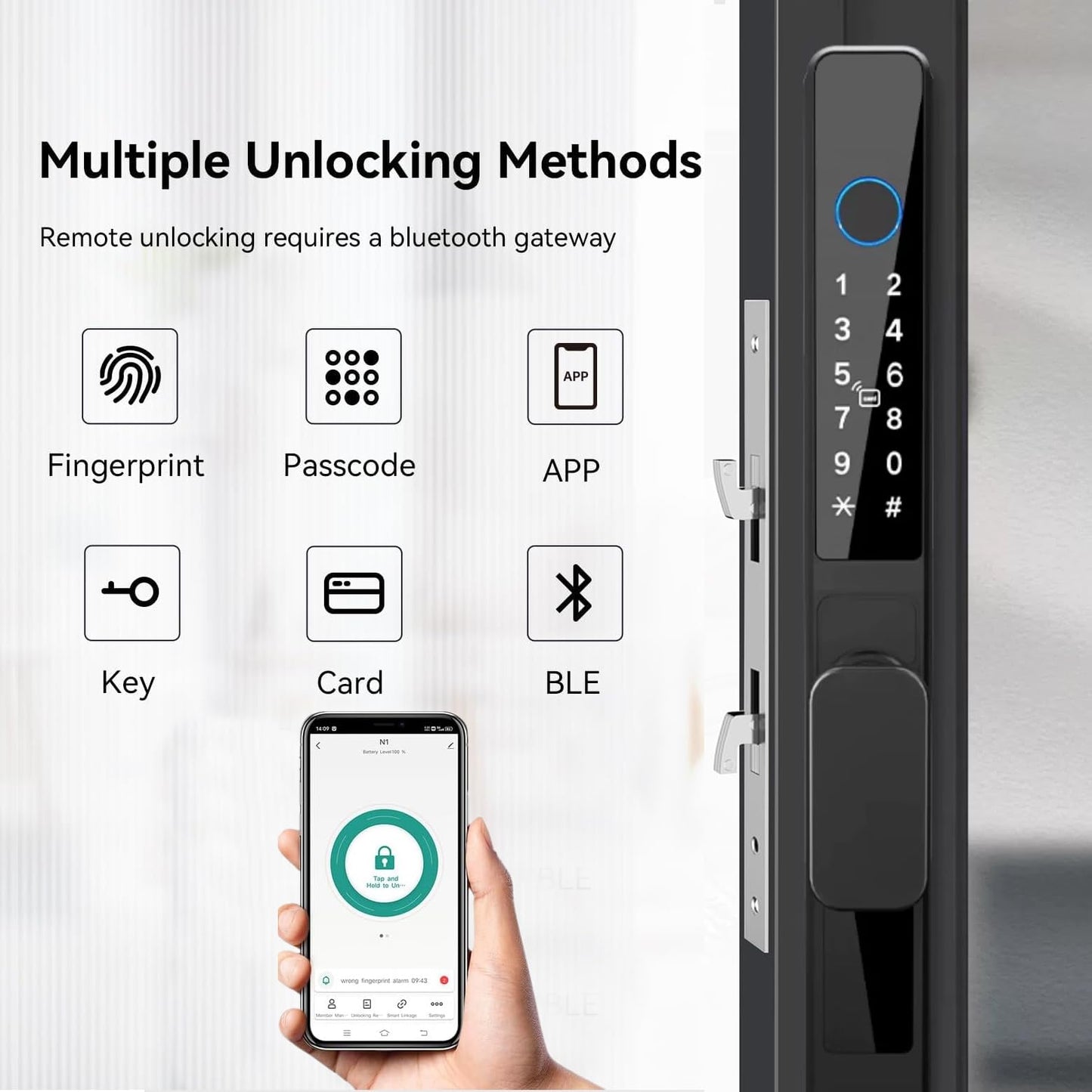 Slim Sliding Glass Door Lock 2885 Latch eLinkSmart Waterproof Keyless Mortise Smart Lock with Hook for Door Thickness 22~110mm, Aluminum Keypad Fingerprint for Patio Door Tuya App