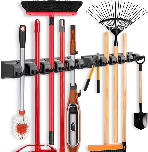 IMILLET Broom Holder Set - 2 Pack Plastic & 1 Pack Wooden Holders for Efficient Storage
