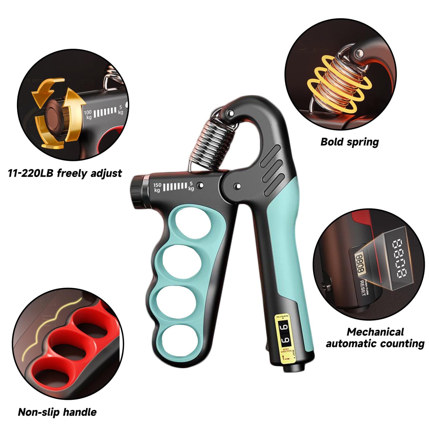 HSEONEJIA 2PCS Adjustable Hand Grip Strengthener (11-220LB) - Automatic Counter Hand Wrist Forearm Exerciser, Grip Strength Trainer for Athletes, Musicians, Injury Recovery & Physical Therapy (Red)