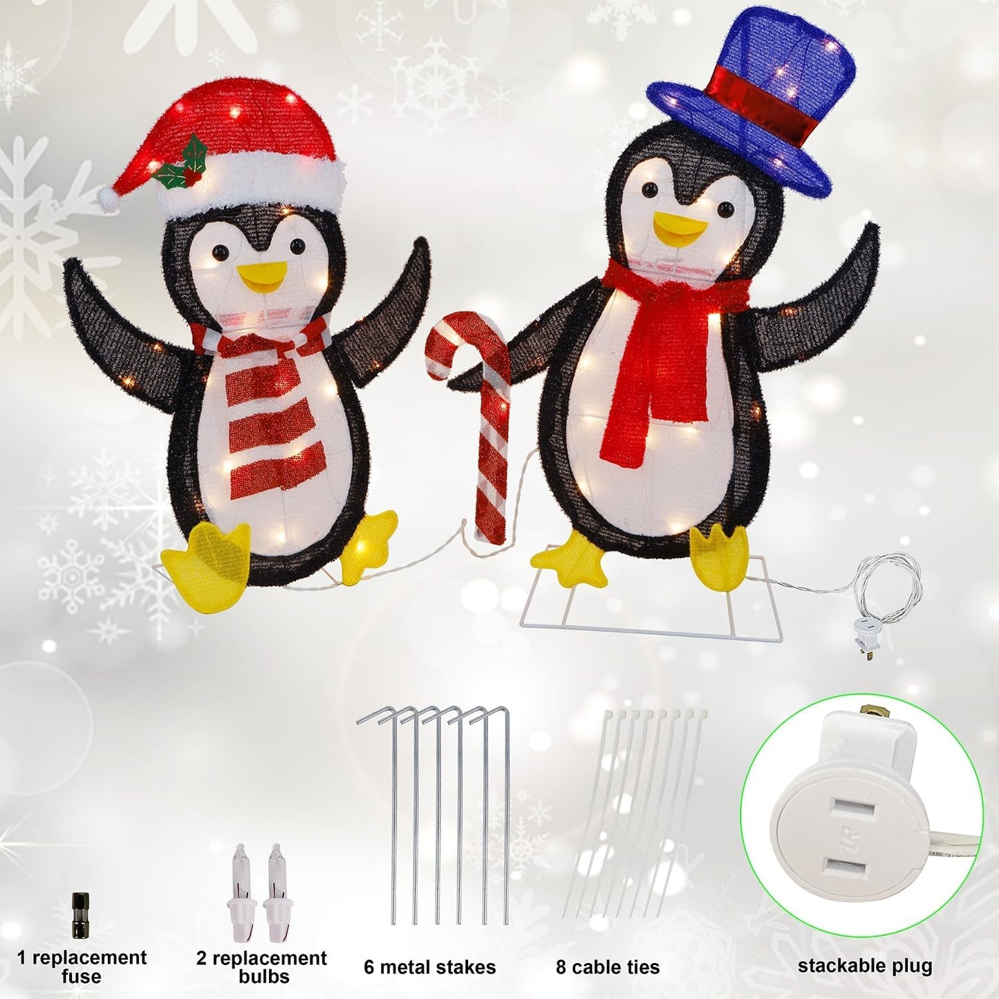 WATERGLIDE Lighted Christmas Tinsel Penguins - Pre-Lit 2D Stacked Design for Indoor/Outdoor Holiday Decor