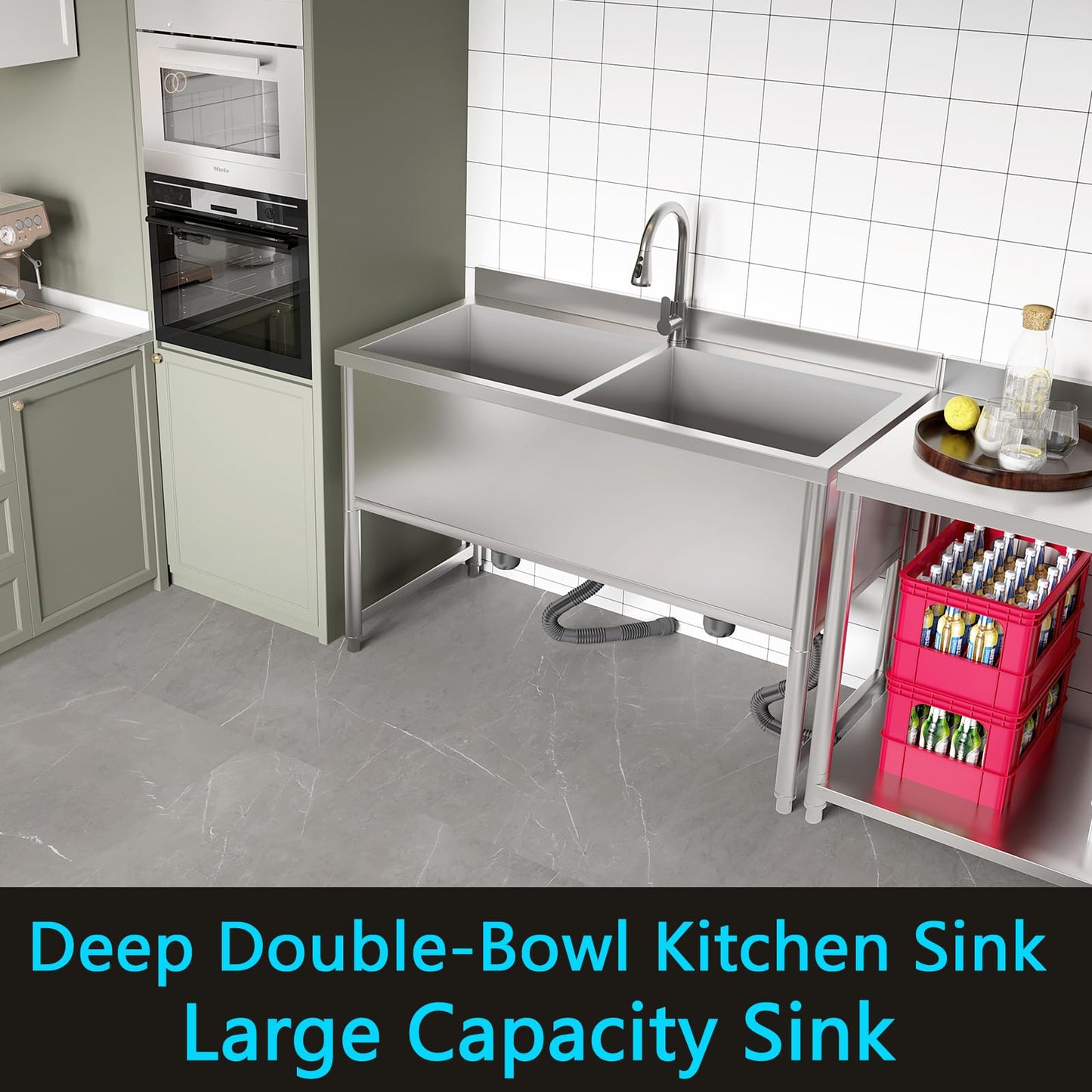 47" Stainless Steel Commercial Sink 2 Bowl Freestanding Kitchen Sink with Pull-out Faucet, Large Utility Sink for Kitchen, Dishwashing, Thawing, Laundry Room, Garage, Outdoor, Total Capacity 50 Gallon