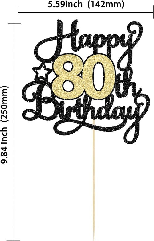 Happy 80th Birthday Cake Topper by [Brand Name] - Black Gold Glitter Cheers to 80 Years Decoration