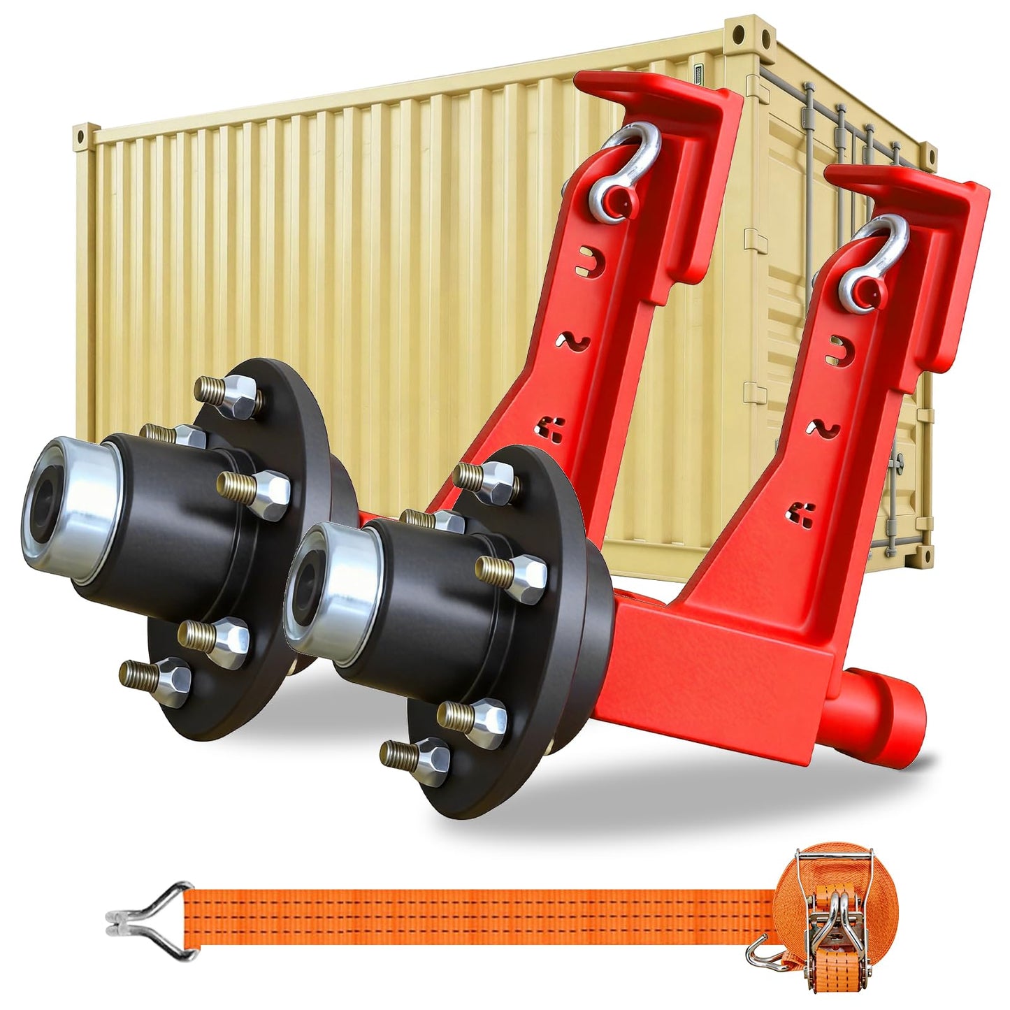 2 Sets of Container Wheel 6-Ear Wheel Kits, Heavy-Duty Container axles and Heavy-Duty Ratchet Bundles for Moving 20-Foot - 40-Foot containers, Container Accessories