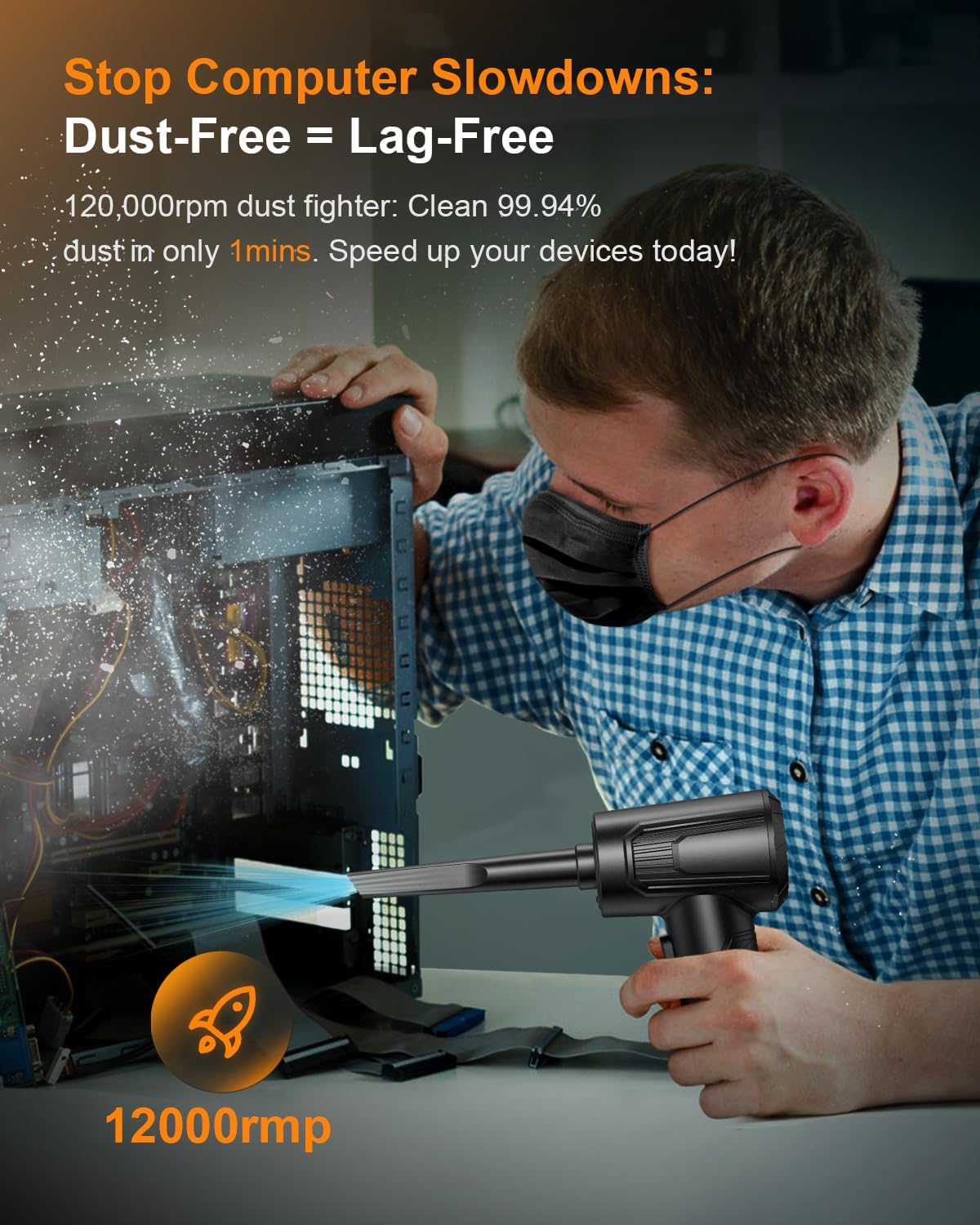11-in-1 Duster-3-Gear 120000 9000mAh Compressed Air Adjustable RPM Electric Air Duster with LED Light, Reusable no