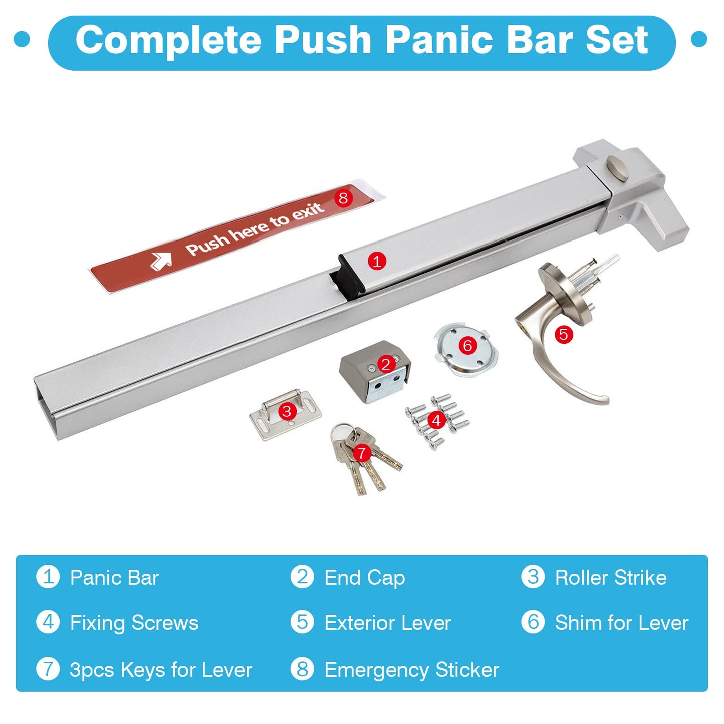 IRONWALLS Commercial Door Push Bar Panic Exit Device with Exterior Lever, 70cm/27.5” Stainless Steel Panic Bars for Exit Doors, Emergency Exit Panic Door Hardware for 28”-41” Wood Metal Door, Silver