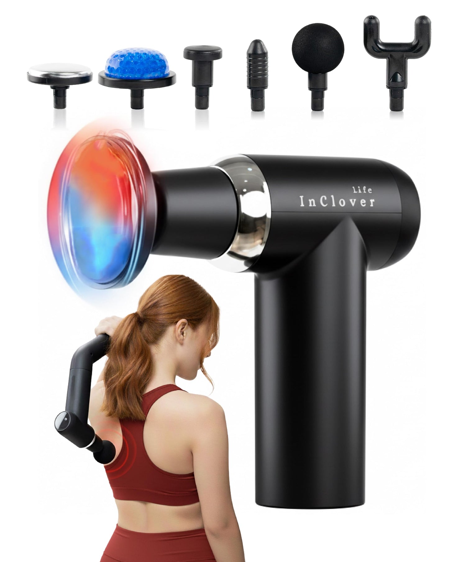 InClover Life Massage Gun with Detachable Extension Handle for Deep Tissue Muscle Massage – Handheld Back & Shoulder Percussion Heated Massager for Men & Women. Professional Pain Relief Massage Tool.