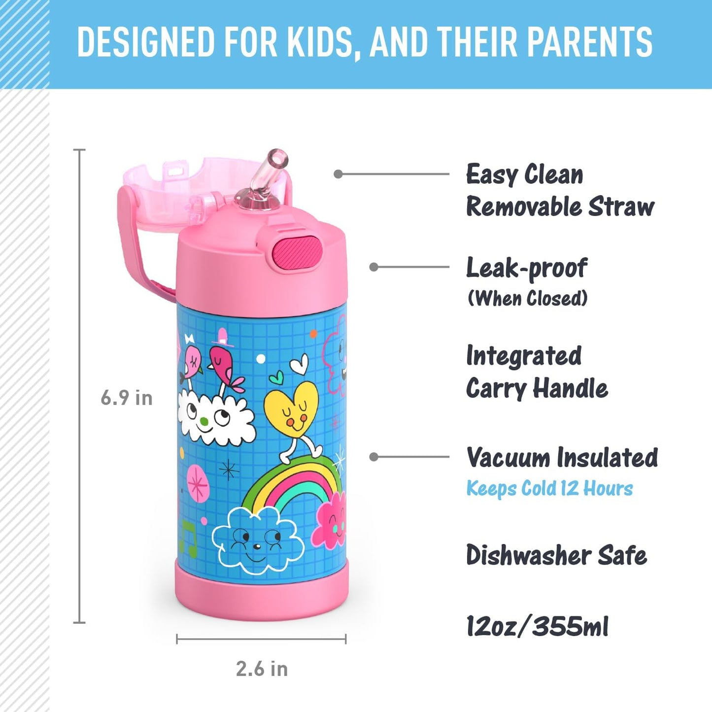 THERMOS FUNTAINER Water Bottle - 12 Ounce Kids Stainless Steel Vacuum Insulated with Straw & Lid