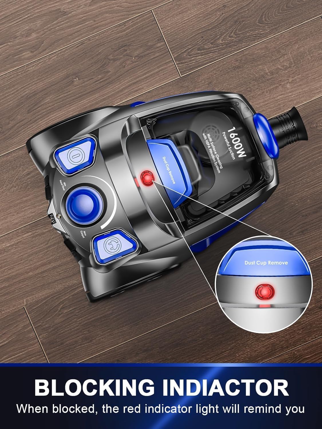 Skiennix Canister Vacuum Cleaner - 40Kpa 1600W Cyclone Power, Lightweight & Bagless | 3.7QT Dust Cup, Blue