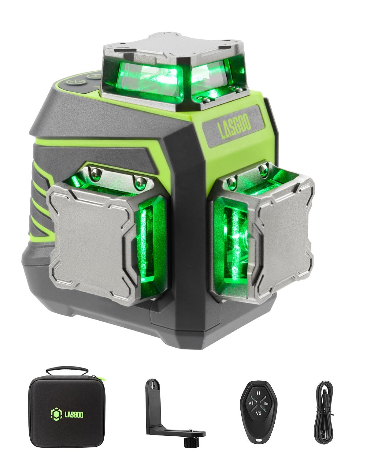 LasGoo Laser Level 3x360° Self Leveling, 3D Green Cross Line Laser for Construction and Picture Hanging, Rechargeable Battery, Remote Control, Magnetic Rotating Stand Included - LG-3Dx