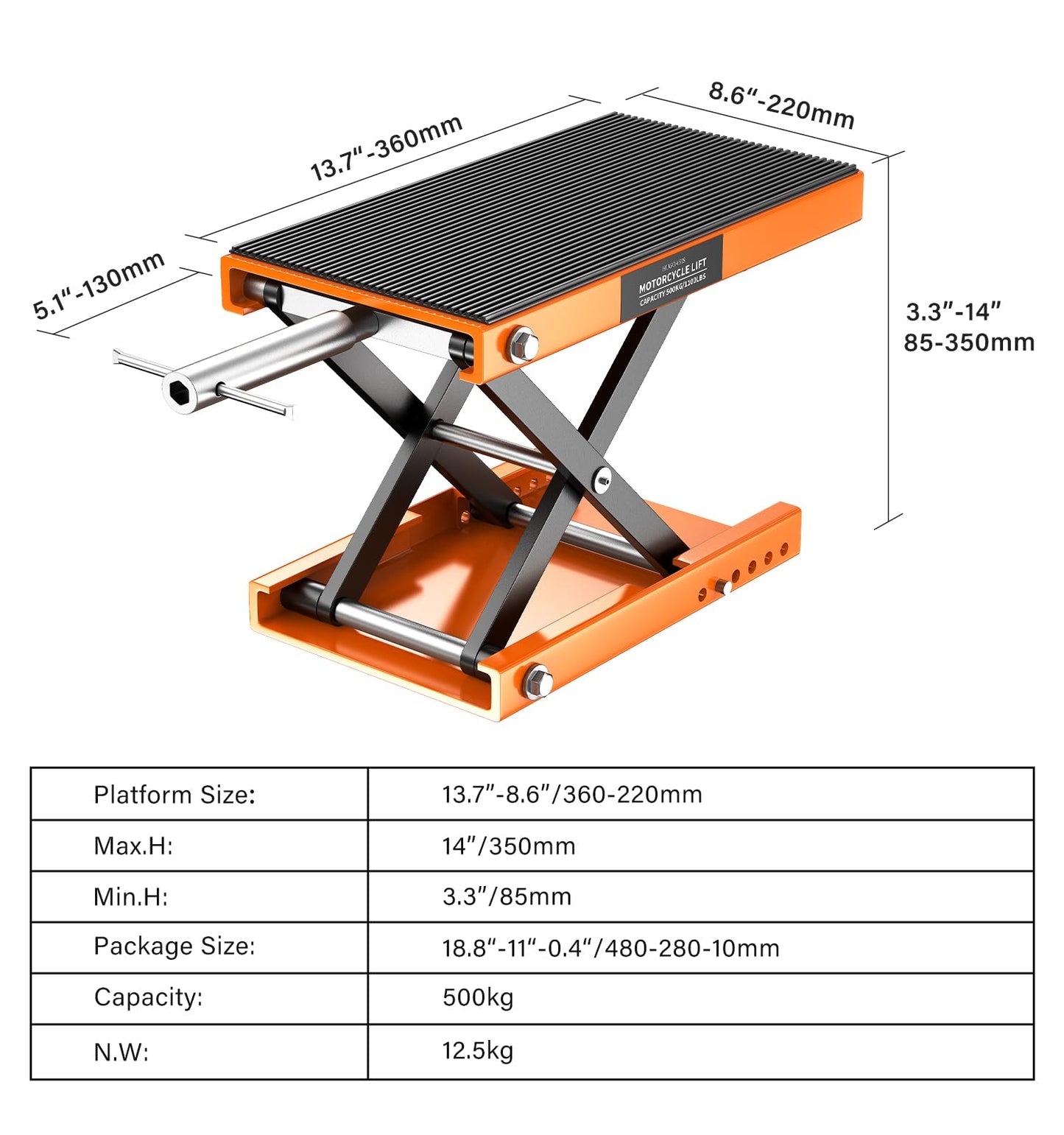 HUGOASIS 500KG Heavy Duty Motorcycle Scissor Lift, 150% Capacity 85mm-350mm Lift Range, Portable Maintenance Lift Table for Motorcycle, ATV, Scooter, Dirt Bike, with Optional Accessories