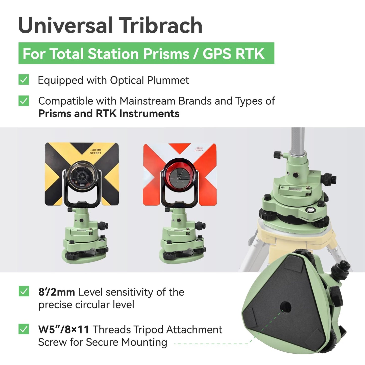Surveying Tribrach and Adapter, Green Three-Jaw RTK Base with Optical Plummet, 5/8″ Thread for GNSS GPS RTK & Total Station Prism Optical Targeting Base