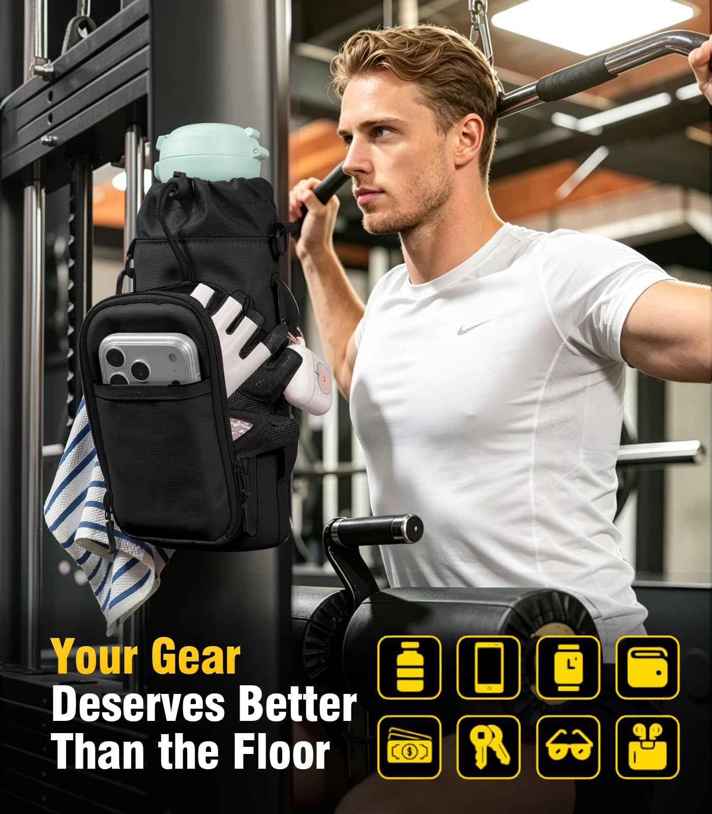 TiMOVO Magnetic Gym Bag, Water Bottle Holder with Strap & Phone Pockets, Built-in 5 Neodymium Magnets, Fits 18–40 oz Bottles, Gym Accessories for Sports, Travel, Workout, Black
