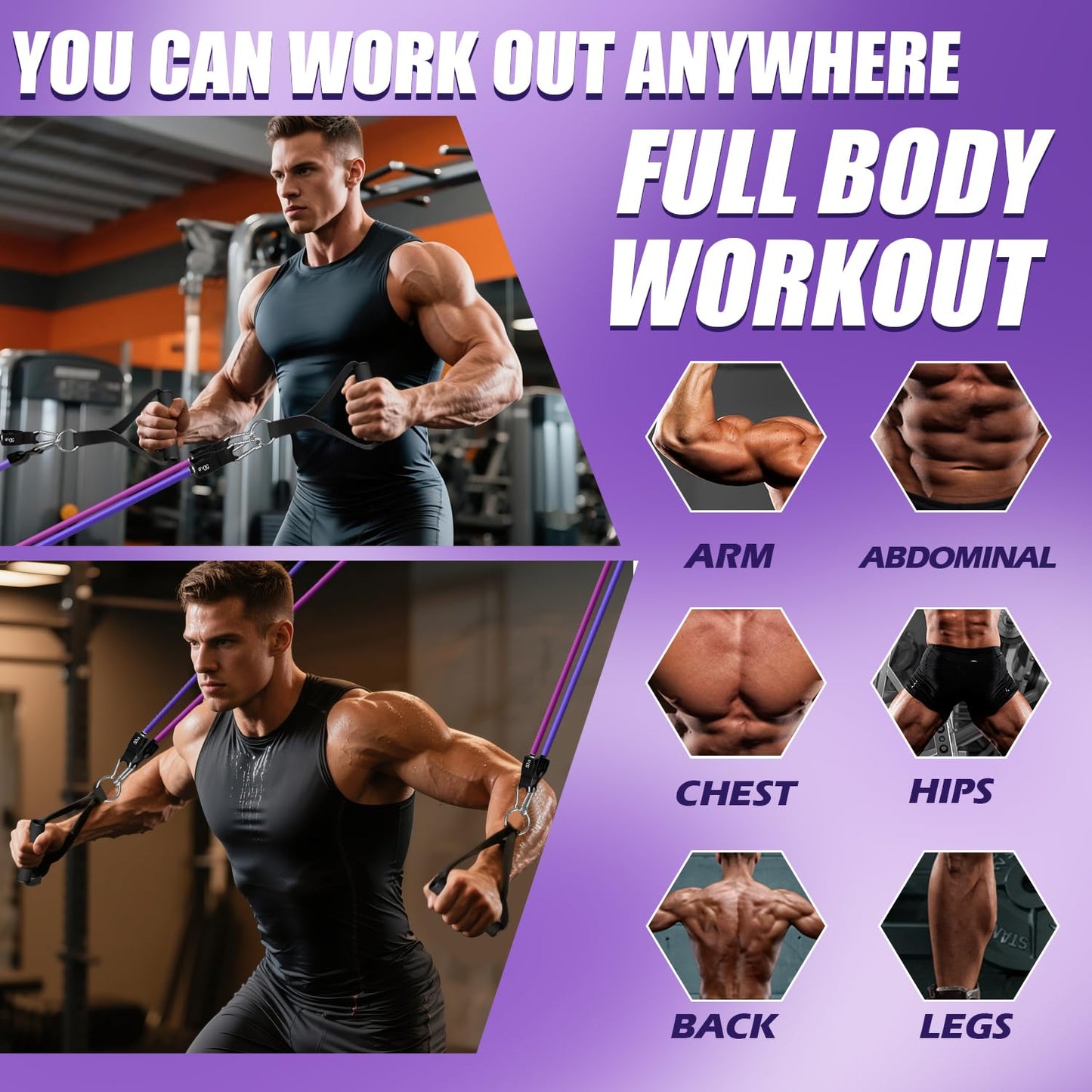 WHATAFIT Resistance Bands, Exercise Bands，Resistance Bands for Working Out, Work Out Bands with Handles for Men and Women Fitness, Strength Training Home Gym Equipment Pink Purple 16PCS