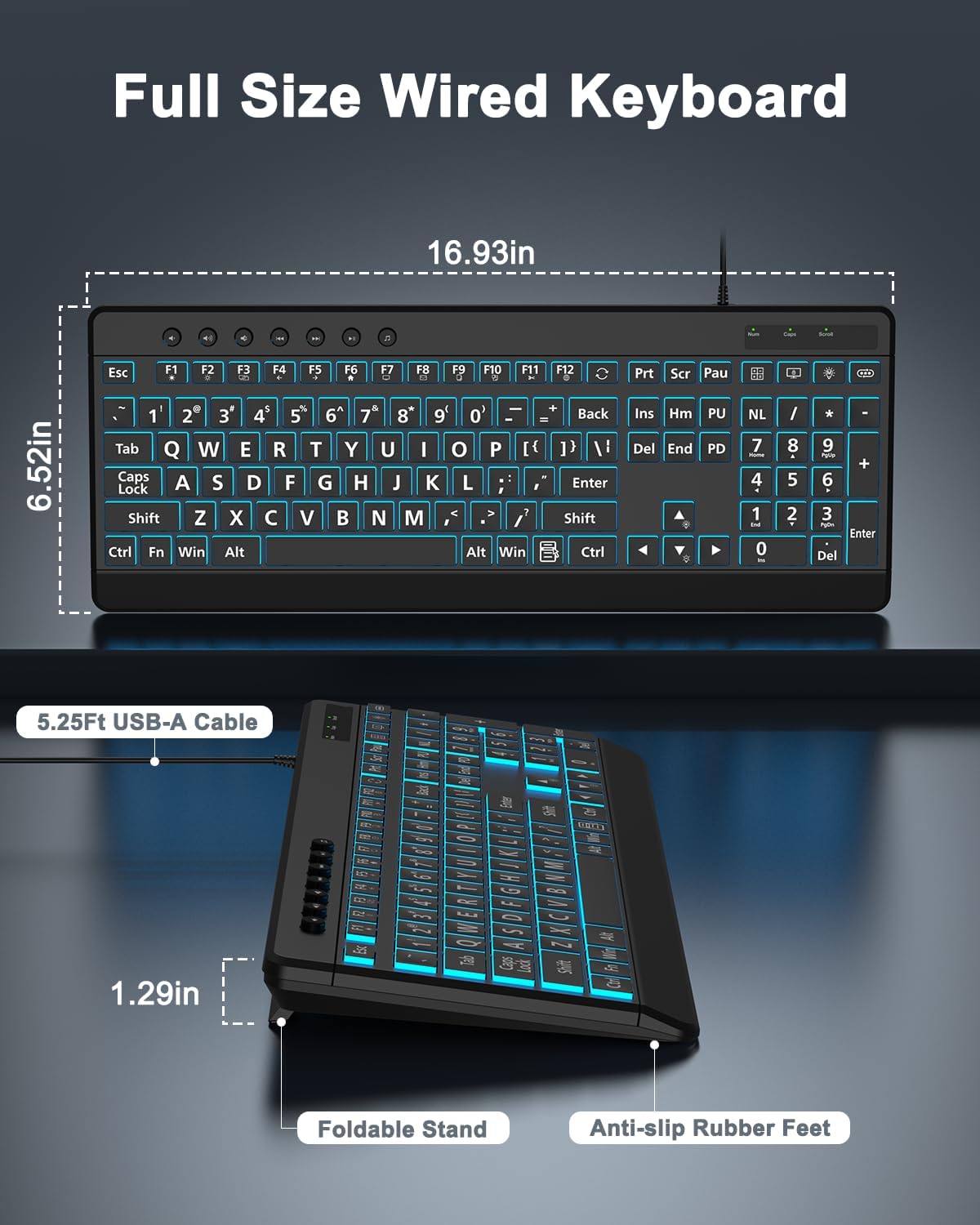EDJO 7-Colors Large Print Backlit Wired Keyboard, Light Up USB Keyboard with Backlight, Oversize Letters Keys Full Size