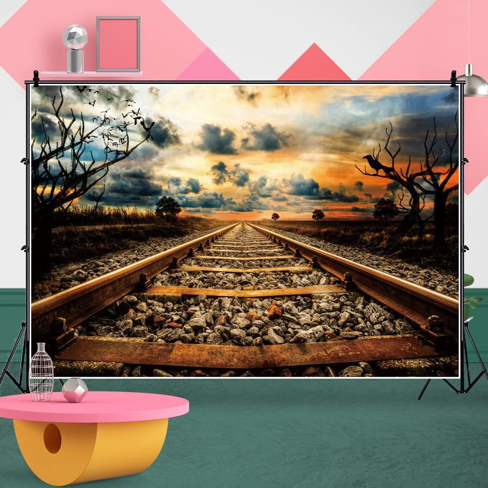 Eainb 10x8FT Sunset Old Train Track Backdrop Vintage Railway Station Photography Background for Photoshoot Nature