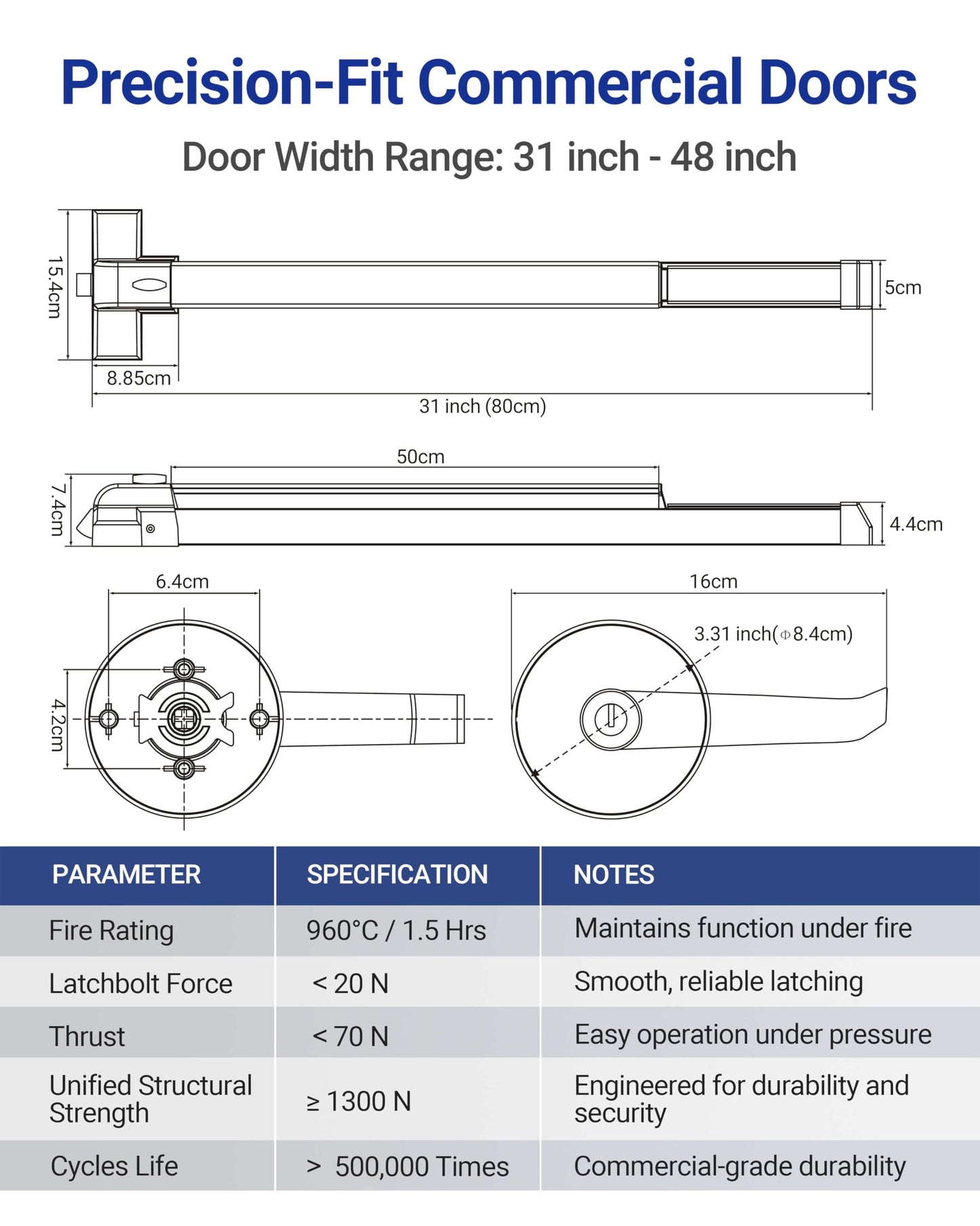Polar Tangro 31" Commercial Door Push Bar with All 304 Stainless Steel Tail Cover, Grade 1 Panic Exit Device with Exterior Lever Handle & 6 Keys, Heavy Duty Emergency Hardware for Metal/Wood Doors