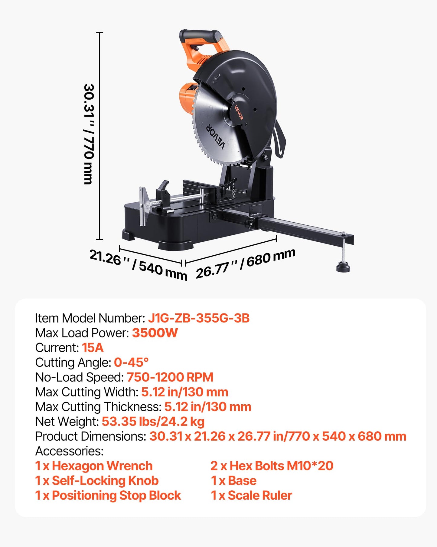 VEVOR Chop Saw, 14-inch Stainless Steel Cold Cut Blade, 3500 W Powerful Brushless Motor, 750-1200 r/min Adjustable Speed, Metal Cutting Chop Saw for Metal Square and Flat Tubes, Steels (240V/60HZ)