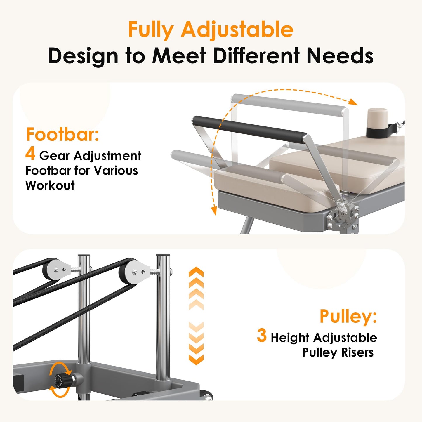 SogesPower Pilates Reformer Machine for Home Gym Workout, Foldable Pilates Equipment with High Strength Elastic Cords&Springs, Up to 400lbs Weight Capacity,Beige 79"