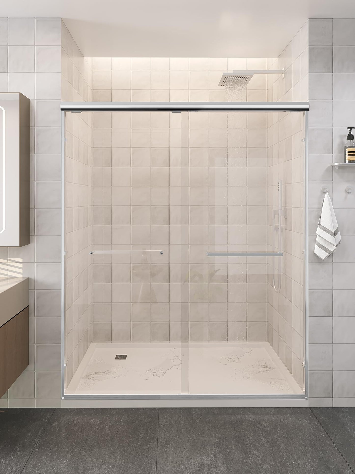 Glass Shower Door, 56"-60" W x 72" H Sliding Shower Door, Aluminum Semi-Frameless & 1/4"(6mm) Clear Tempered with Explosion-Proof Film Nano Coating Shower Door Fit for Walk in Shower, Chrome Silver