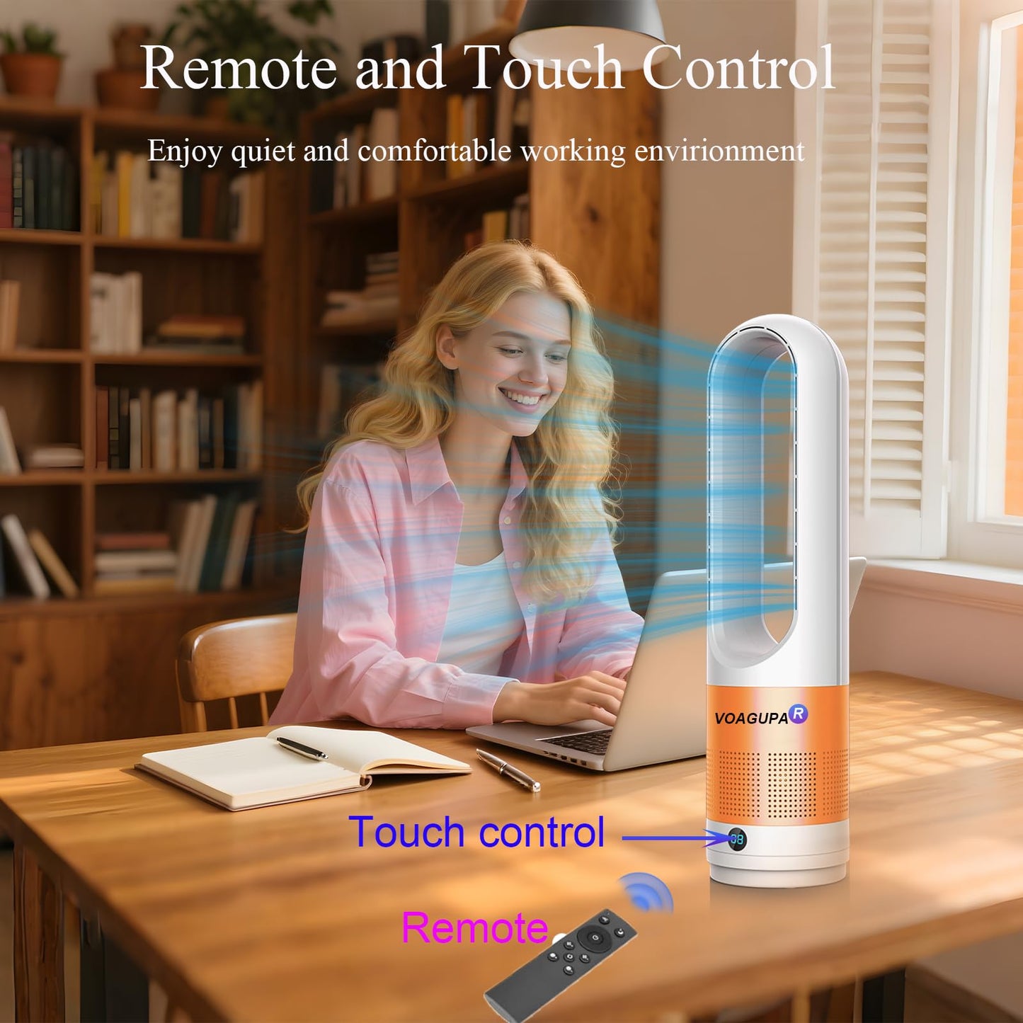Bladeless Heater and Fan Combo, 1400 Watt Heater Fan and 40 Watt Cold Fan, 80° Oscillating Fan, All the Season Use, Remote and Touch Control, Floor Tower fan, Office Room, Bedroom, Orange White