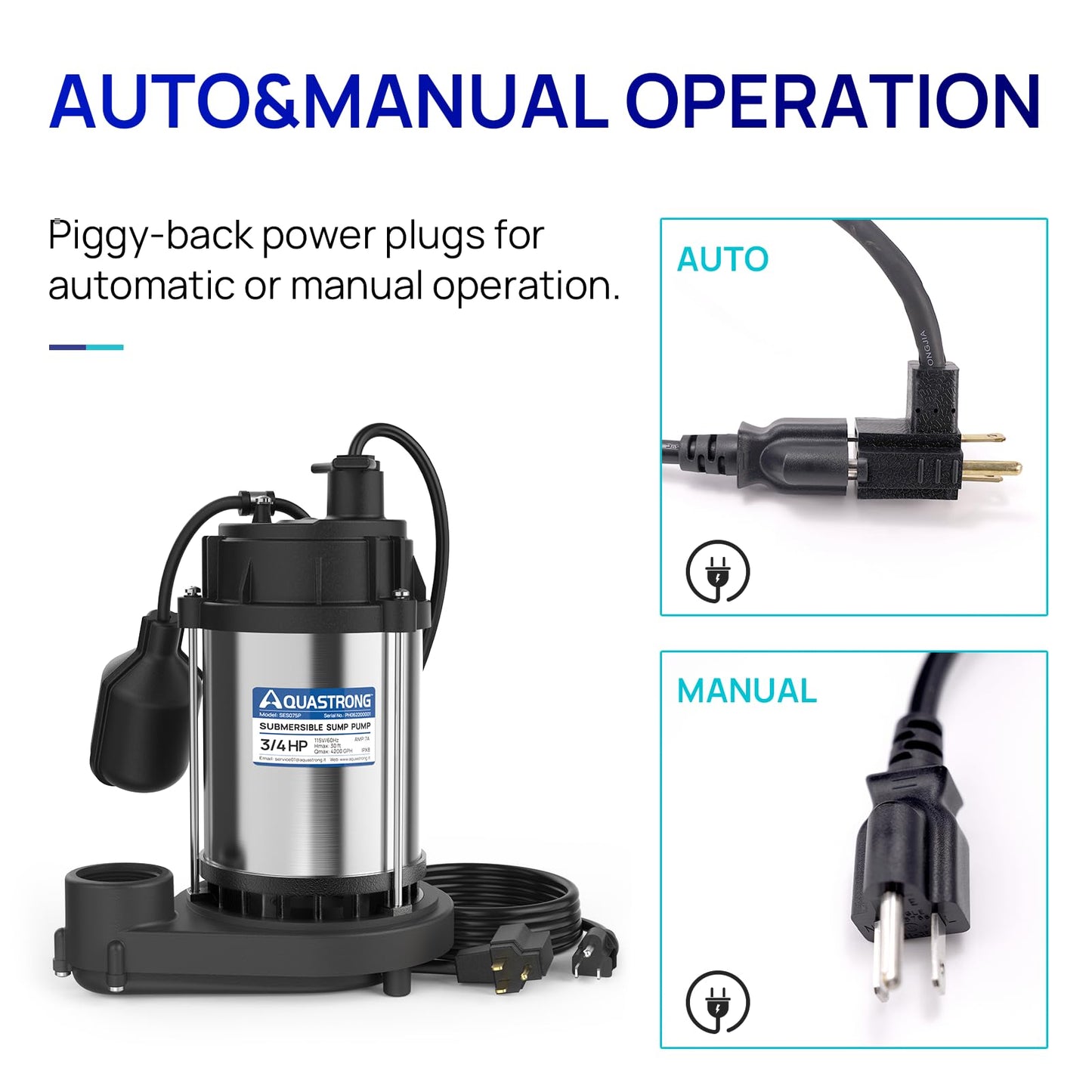 AQUASTRONG 3/4 HP Sump Pump, 4200 GPH Stainless Steel and Thermoplastic Submersible Water Pump, Automatic Float Switch with Piggy-back Plug,1-1/2" NPT Discharge Subpumps for Basement and Flooding Area
