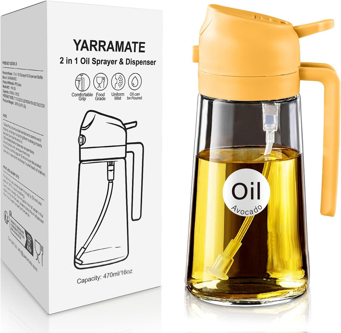 YARRAMATE Glass Olive Oil Sprayer - 2-in-1 Food Grade Premium Dispenser | 16oz Capacity (Orange)