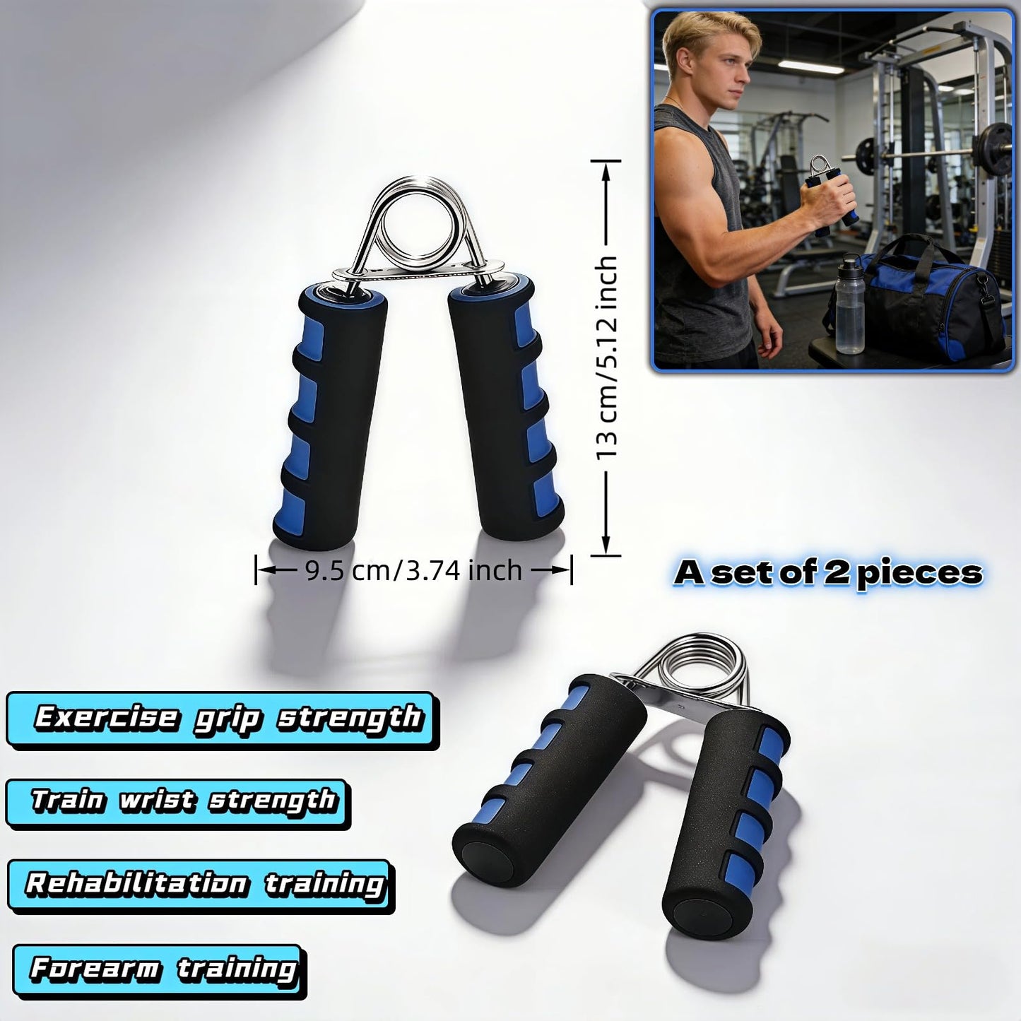 Yayaboqu Hand Grip Strengthener Set, Carbon steel wire+thickened foam Hand Exerciser for Wrist Forearm and Finger Strength Training, 2 Pack (Blue)