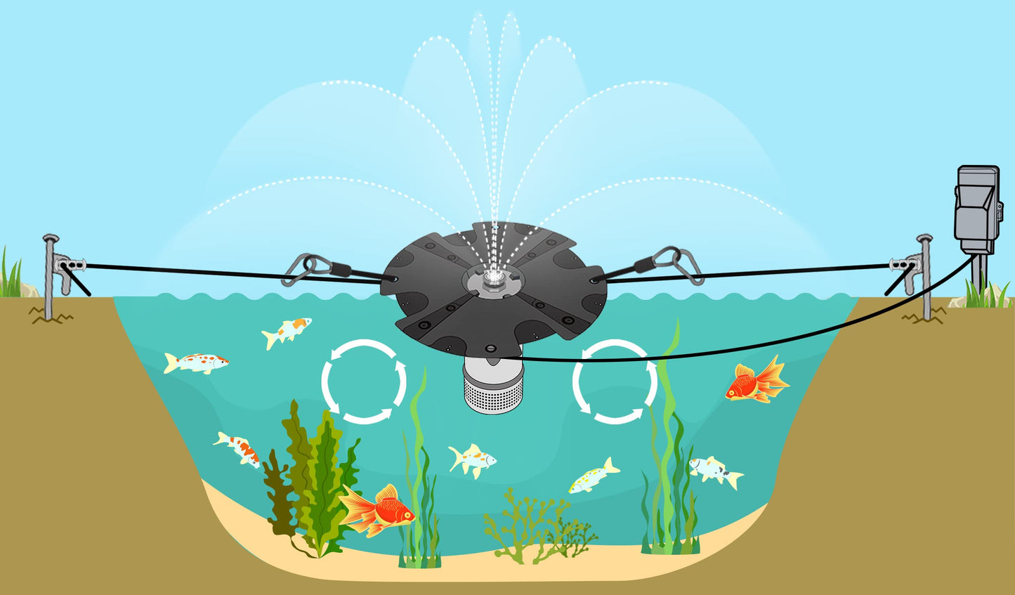 FS02 110V, 1/2 HP Large Pond Floating Fountain, Oil Free Pump 9000 GPH with 100’ Cord, Two Spray Patterns Included