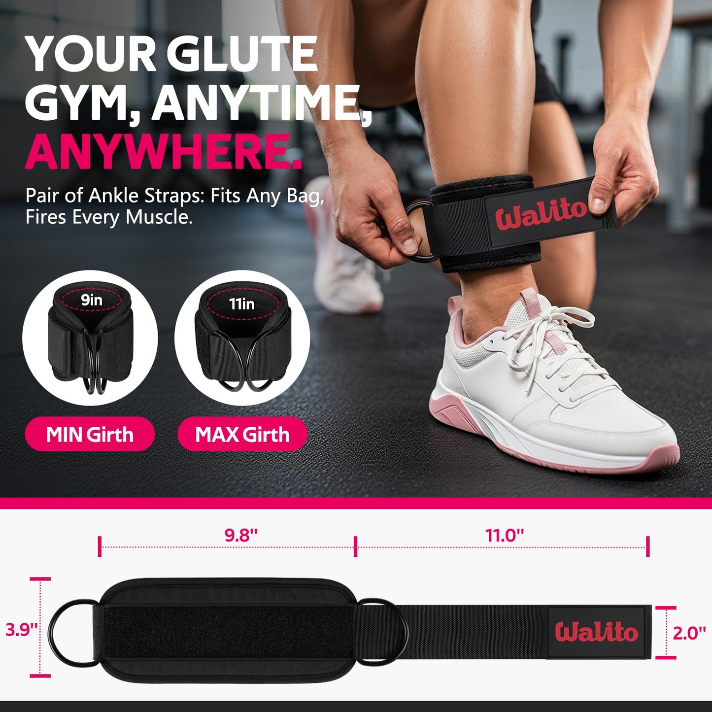 WALITO Ankle Straps for Cable Machines Women - Glute Ankle Cuff Kickback Strap, Gym Cable Machine Accessories for Glute Leg Extensions, Hip Abductors & Lower Body Exercises Equipment