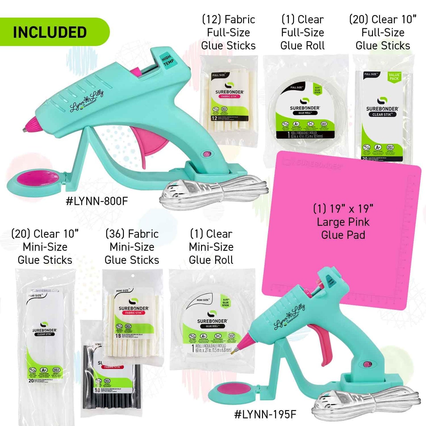 Surebonder Lynn Lilly Edition Detail Tip Mini-Size and Full-Size Cordless/Corded Hot Glue Guns with Fabric and All Purpose Hot Glue Sticks and 19" x 19" Pink Silicon Non-Stick Glue Pad Included