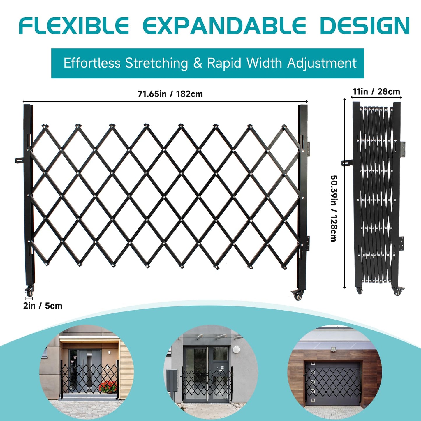 POHADR Single Folding Security Gates, Outdoor Security Scissor Gate 72" W x 50" H Accordion Gate, Metal Expandable Door with 360°Rolling Expanding Security Gate for Courtyards, Garages, Gardens