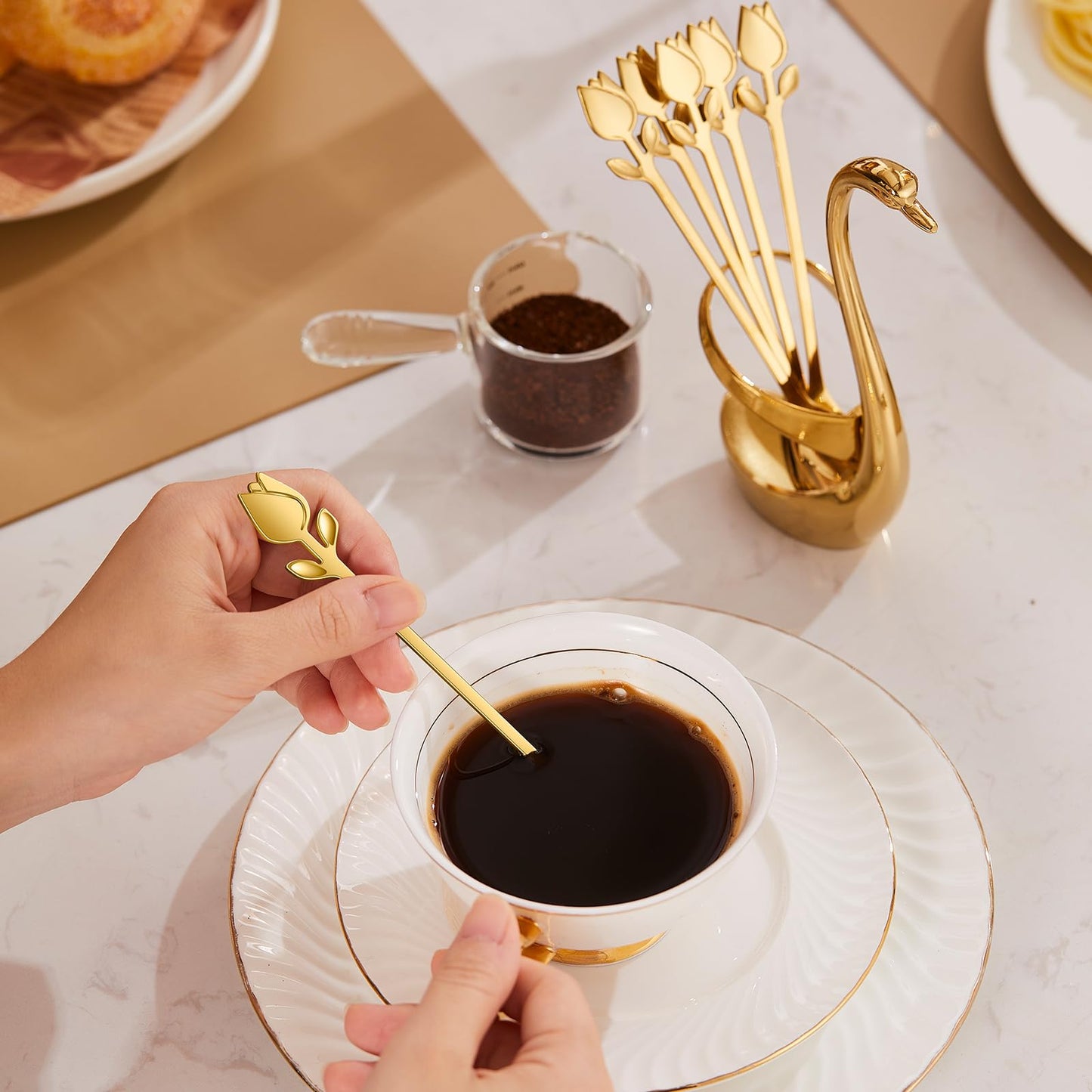 SGVRPVZ Gold Small Coffee Spoon Holder Set,Swan Base With 12 Pcs Demitasse Espresso Spoons Set,6" Mini Tulip/Rose Dessert Spoon,Stainless Steel Tea Spoons