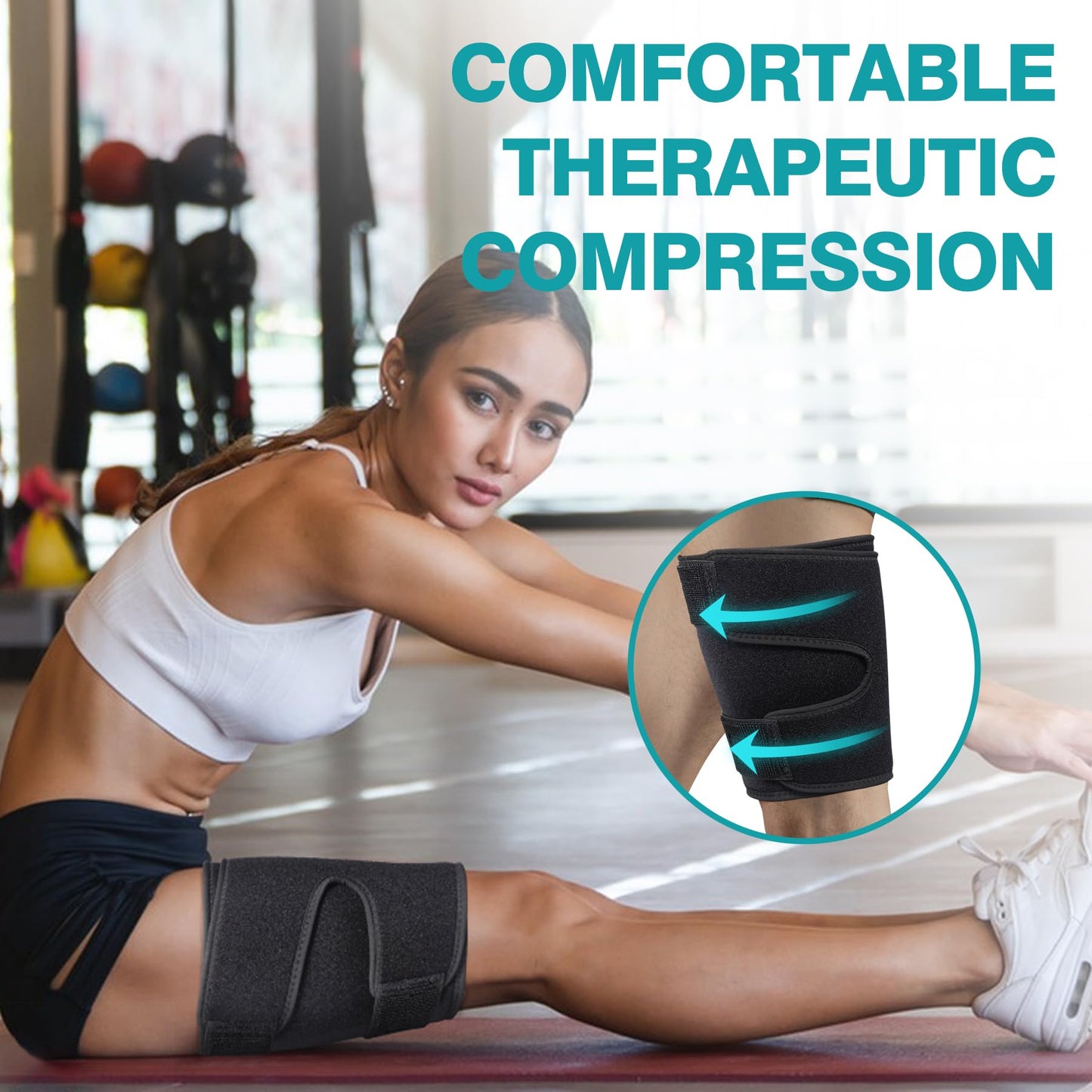 Thigh Brace, Hamstring Quadriceps Support and Thigh Wraps , Adjustable Compression Sleeve Support for Pulled Groin Muscle, Sprains, Tendonitis, Sciatica Pain and Sports Recovery for Men and Women (Black)