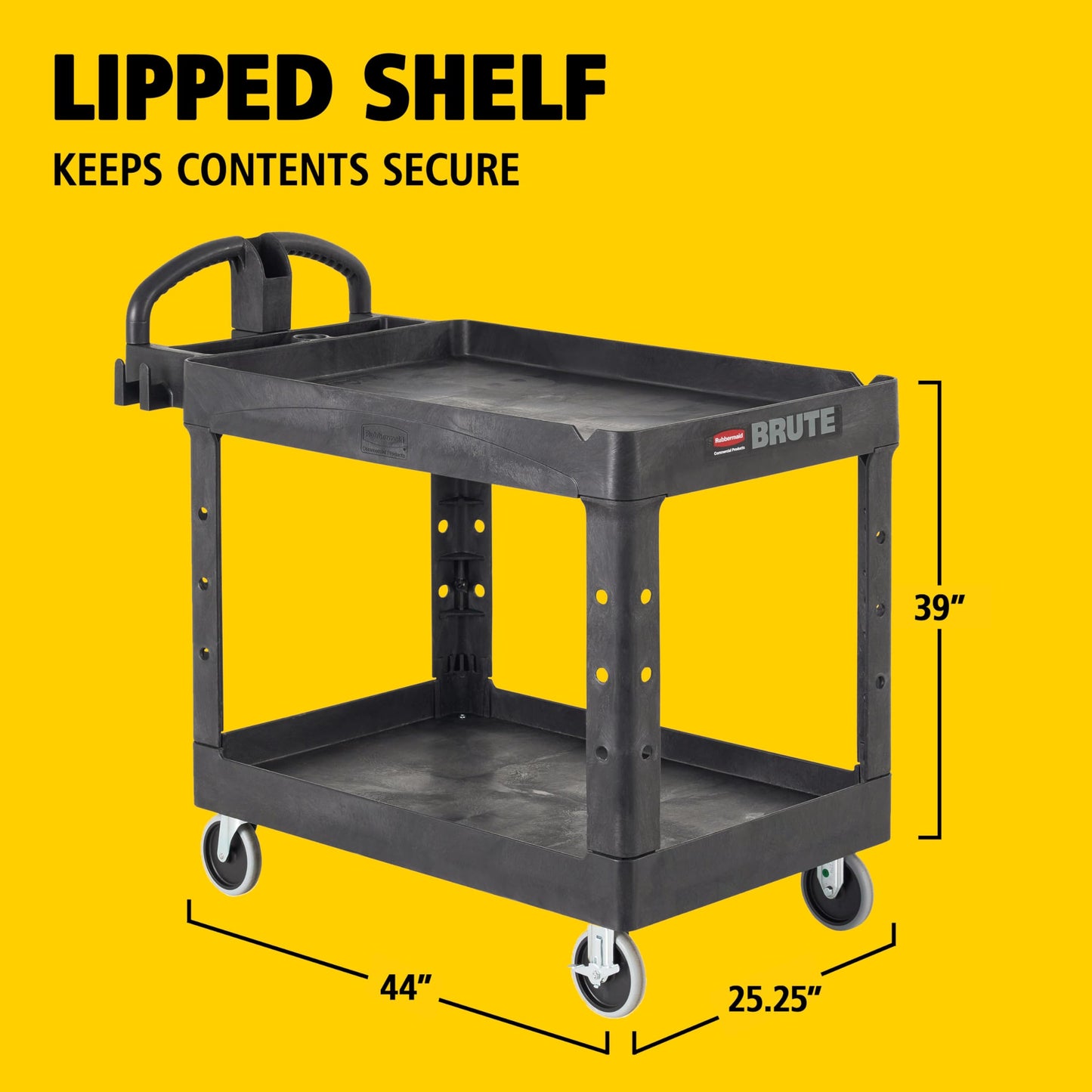 Rubbermaid Commercial Products 2-Shelf Utility/Service Cart, Medium, Black, Lipped Shelves, Ergonomic Handle, 500 Lbs Capacity, forfor Warehouse/Garage/Cleaning/Manufacturing